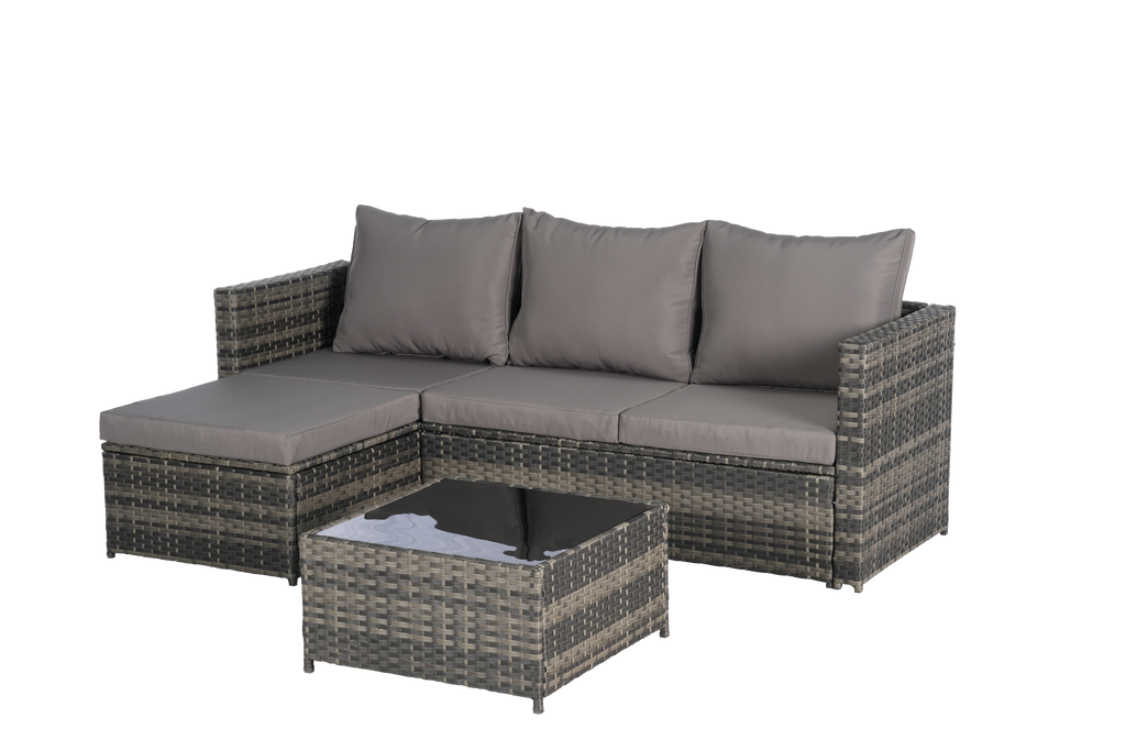 Outdoor Patio Set PE Rattan Metal Dark Gray 3 Piece Ottoman Table