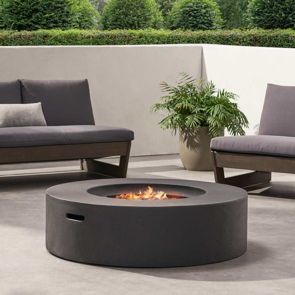 Modern Lightweight Concrete Circular Fire Pit 50000 BTU, Dark Gray