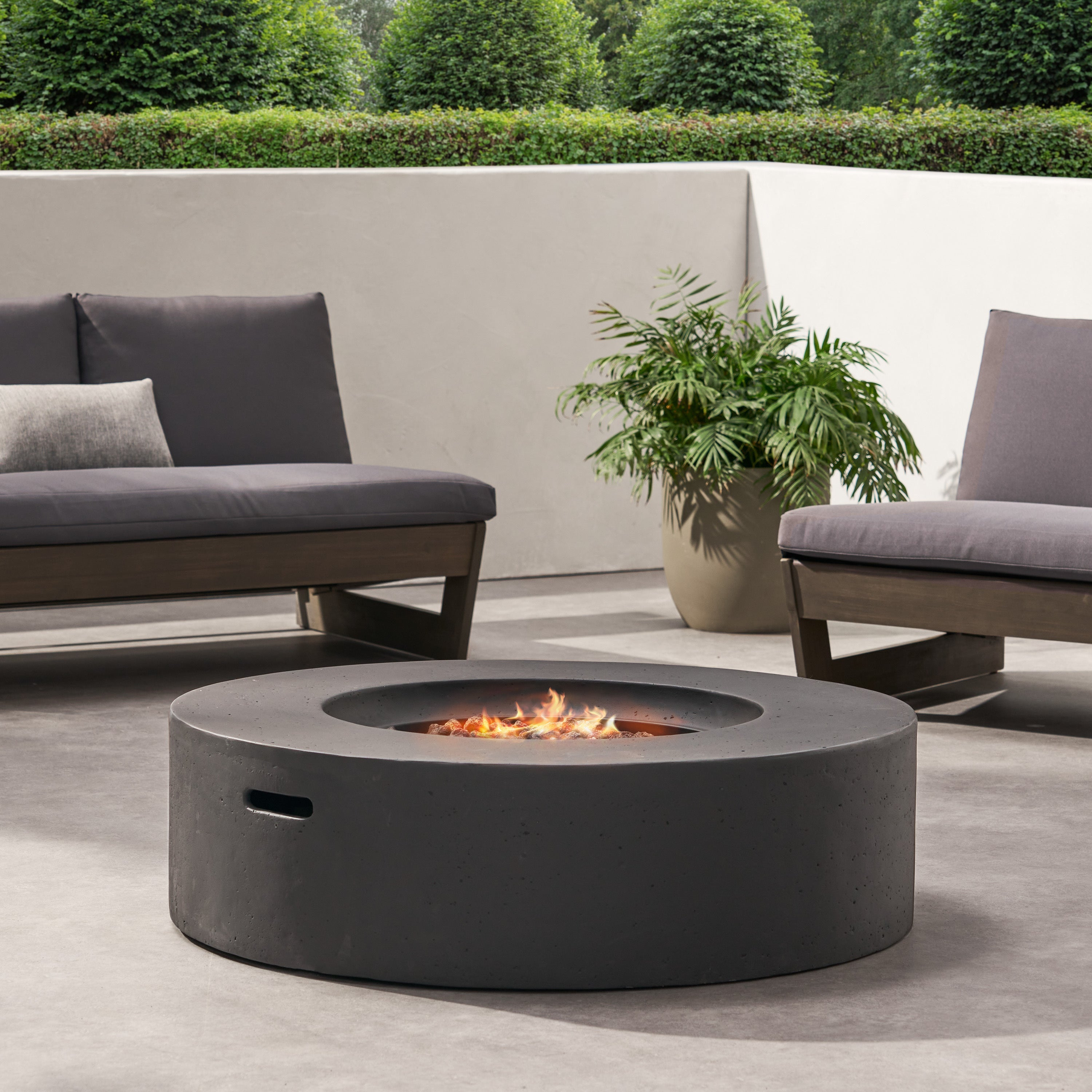 Modern Lightweight Concrete Circular Fire Pit 50000 BTU, Dark Gray