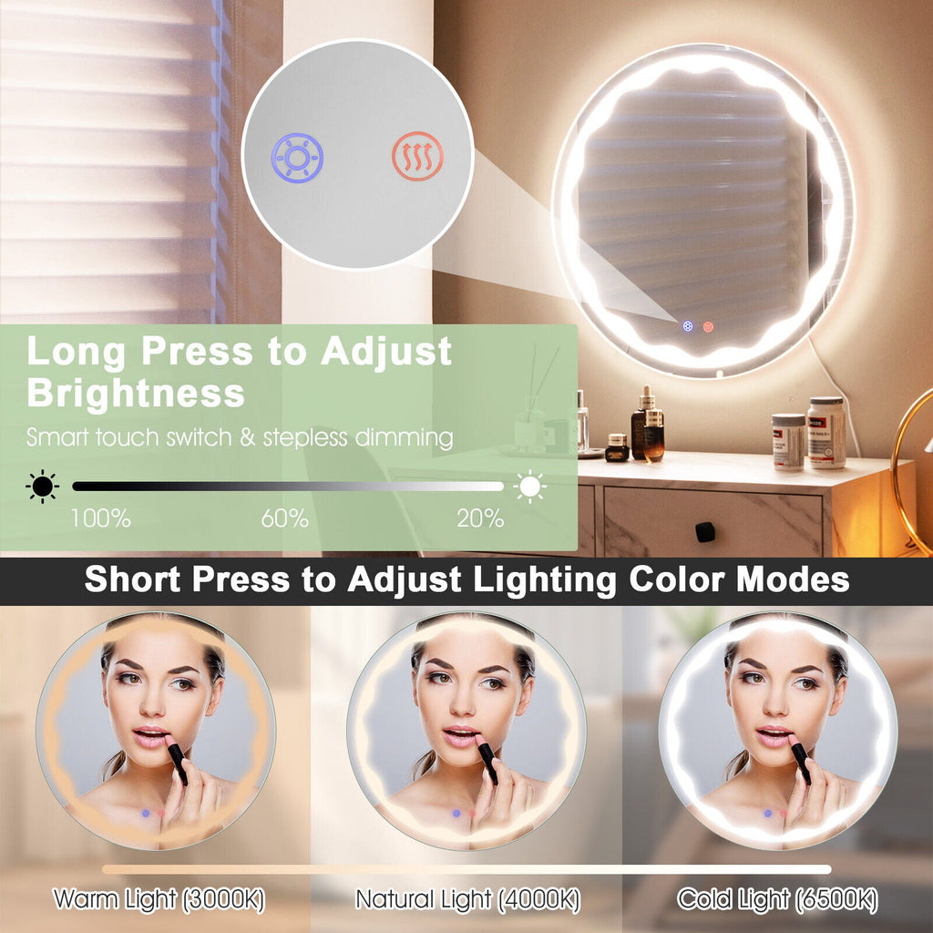 24 Inch Round Wall Mirror with 3-Color LED Lights and Smart Touch Button