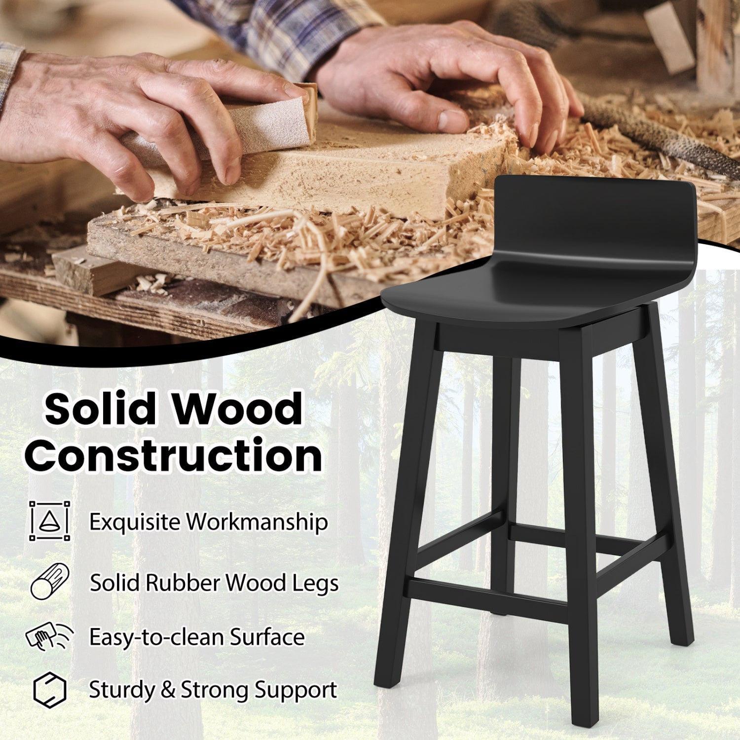 24.5 Inch Swivel Wooden Bar Stools Set of 4 with Rubber Wood Legs and Low Back
