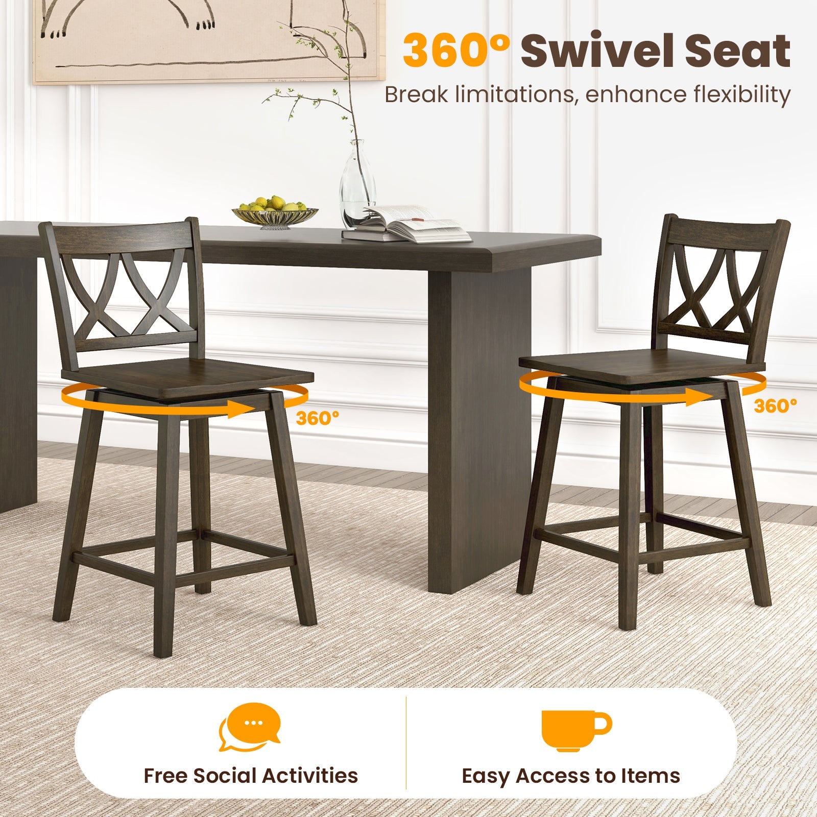 24/29 Inch Bar Stool Set of 2 Wooden Bar Chairs with Rubber Wood Frame