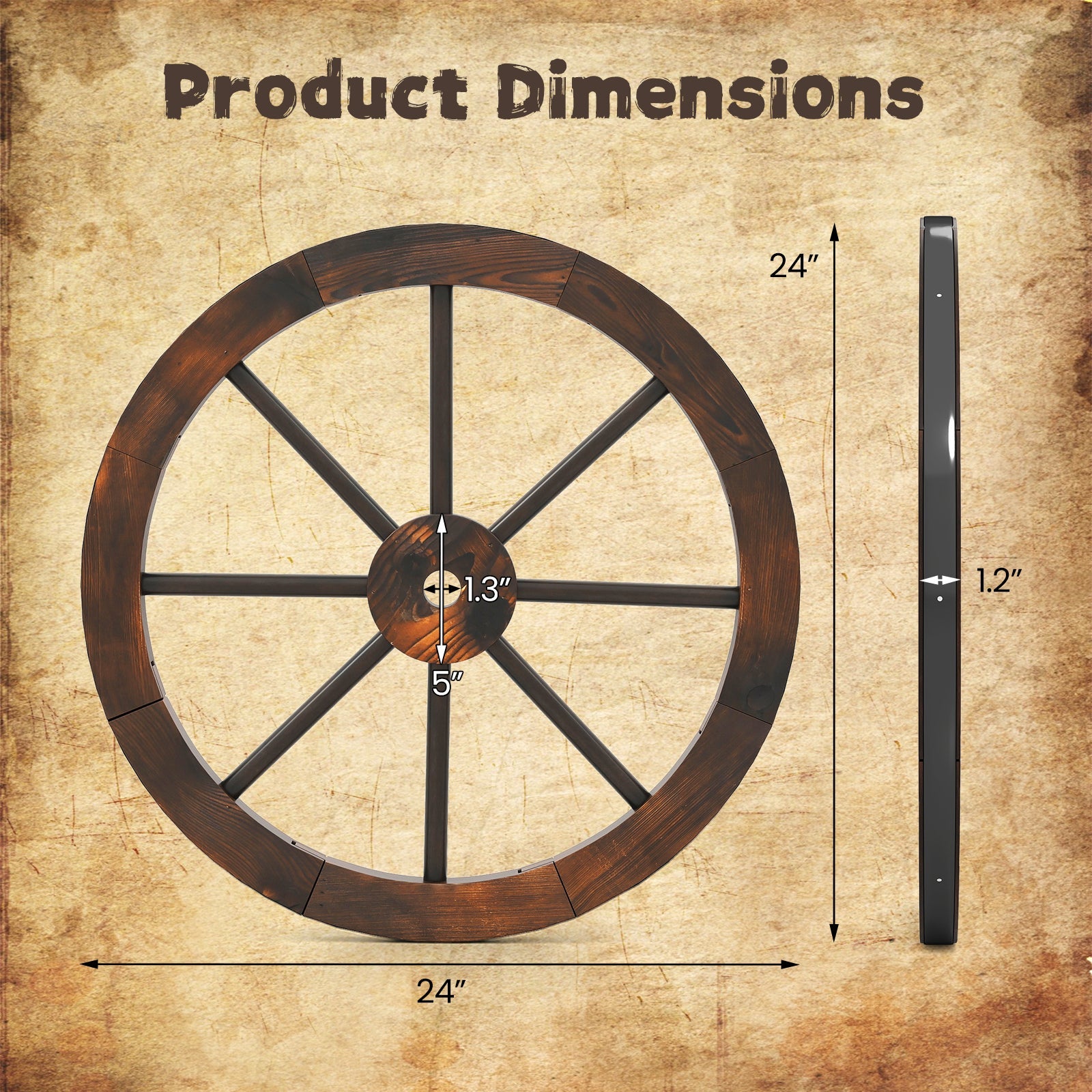 24 Inch Set of 4 Decorative Wooden Wagon Wheel Carbonized Solid Fir Wood