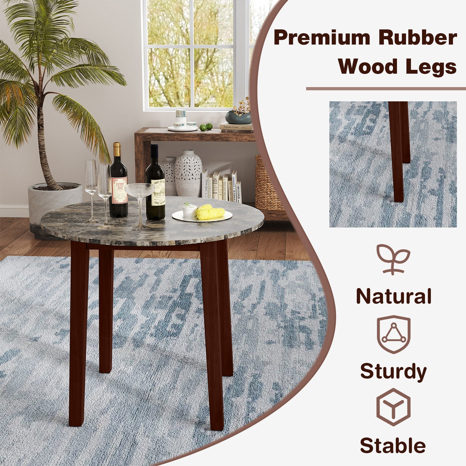35 Inch Round Dining Table with Rubber Wood Legs and Marble-textured Veneer Tabletop