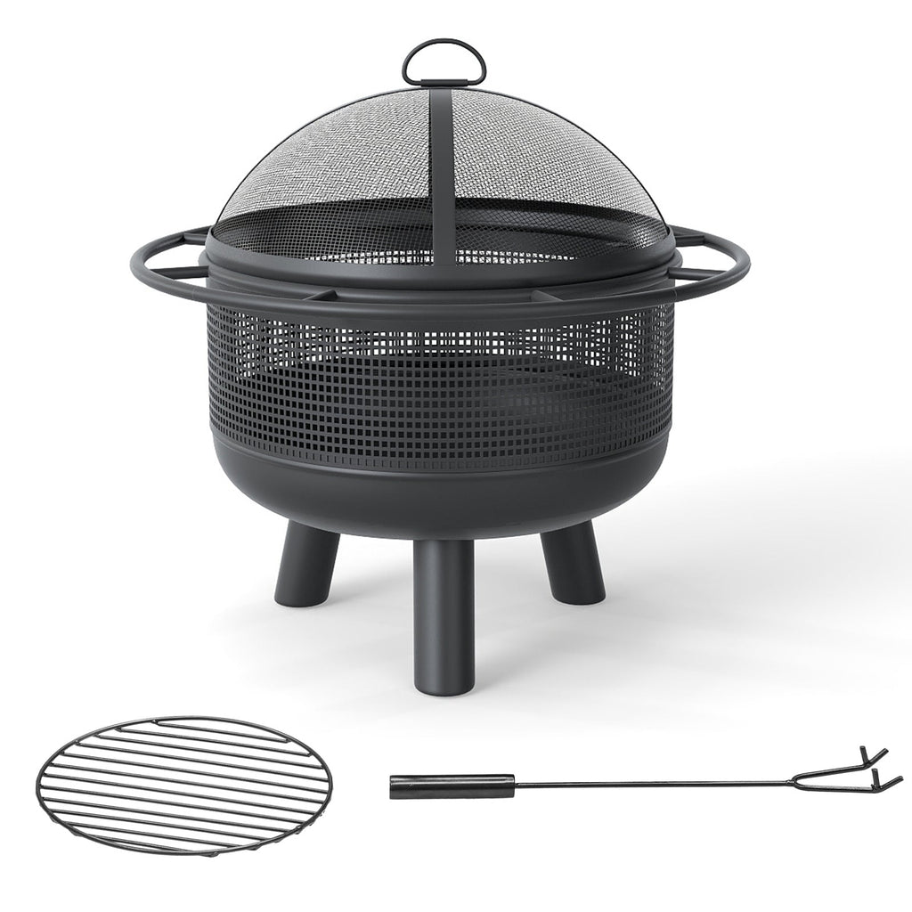 24 Inch Wood Burning Fire Pit with Log Grate and Mesh Screen for Outside