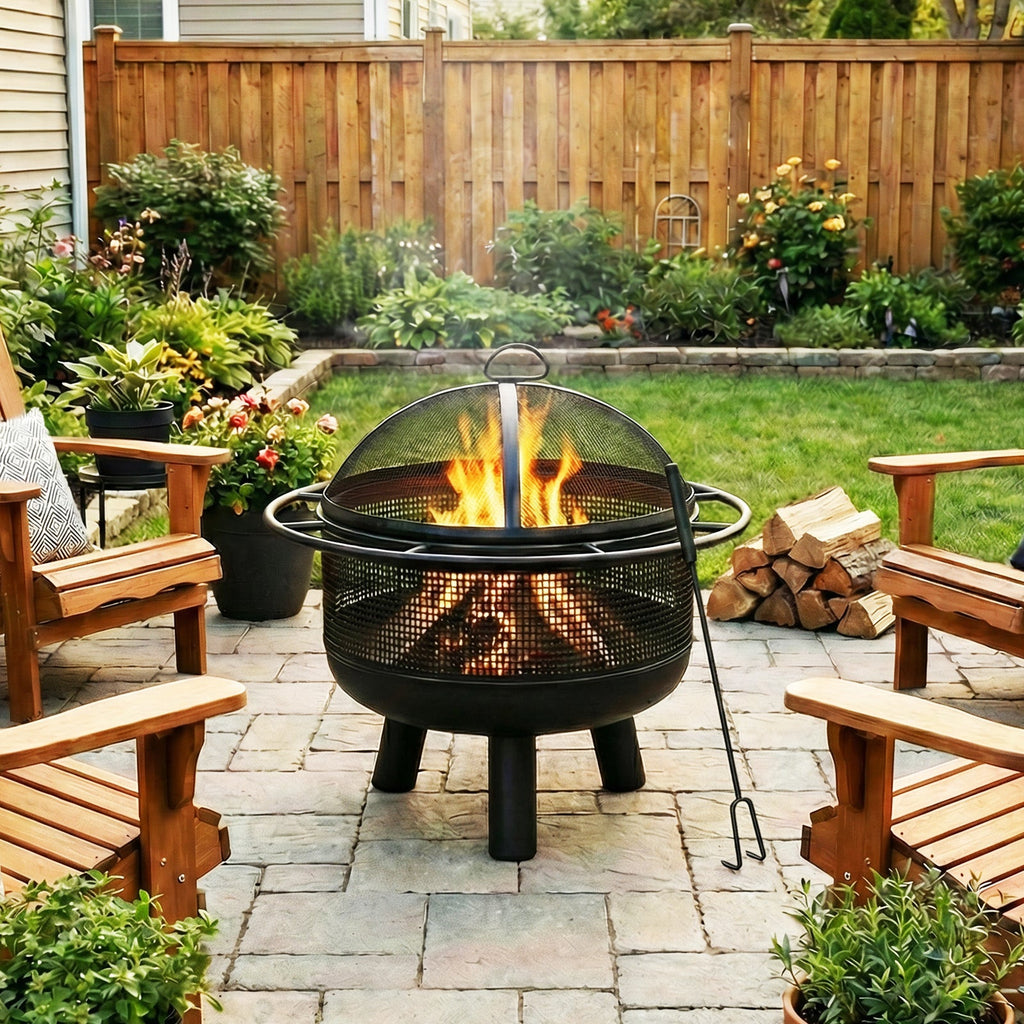 24 Inch Wood Burning Fire Pit with Log Grate and Mesh Screen for Outside