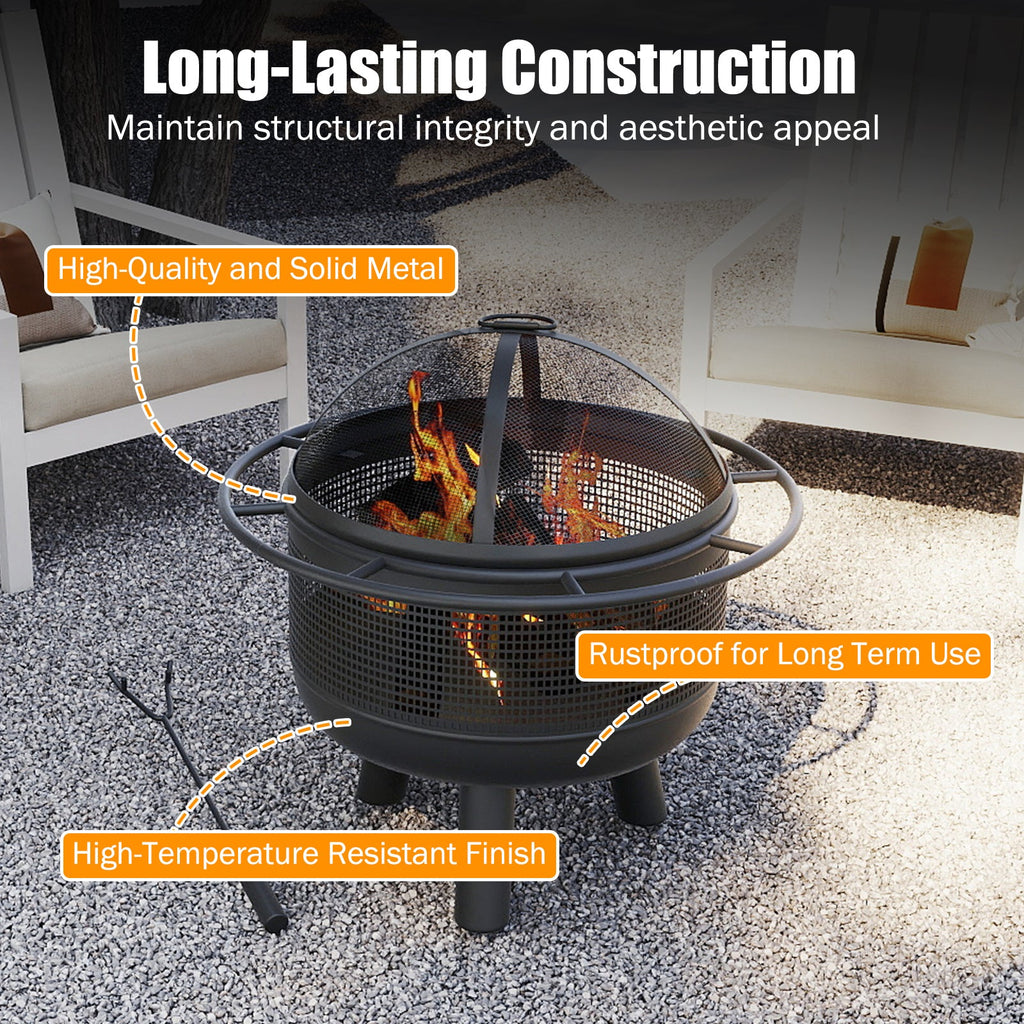 24 Inch Wood Burning Fire Pit with Log Grate and Mesh Screen for Outside
