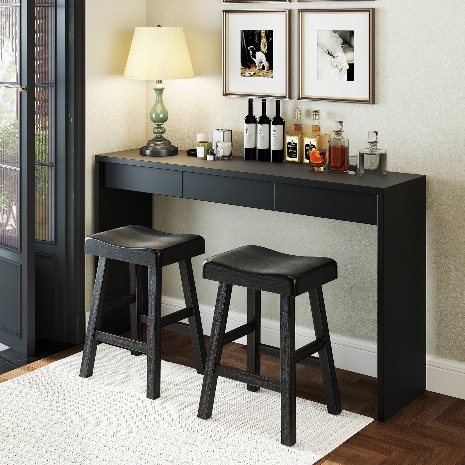 24 Inches Counter Height Stools Set of 2 with Footrest for Restaurant Cafe Pub-Black