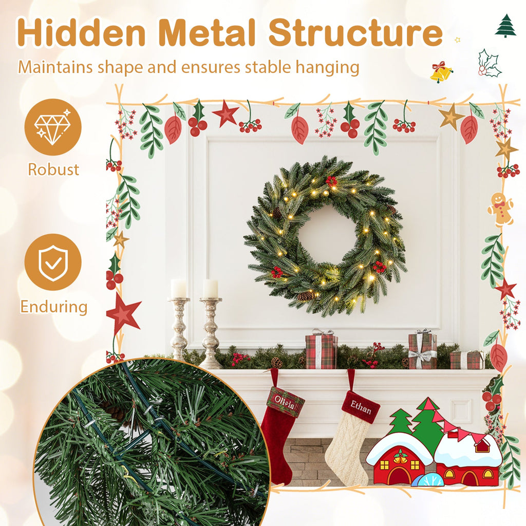 24‚Äù Pre-lit Christmas Wreath Front Door Artificial Xmas Wreath with 90 Frosted Branch Tips