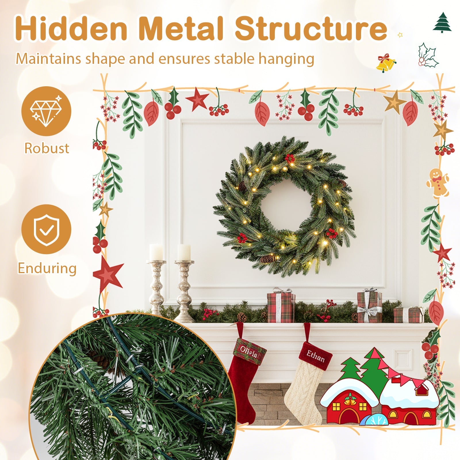 24‚Äù Pre-lit Christmas Wreath Front Door Artificial Xmas Wreath with 90 Frosted Branch Tips