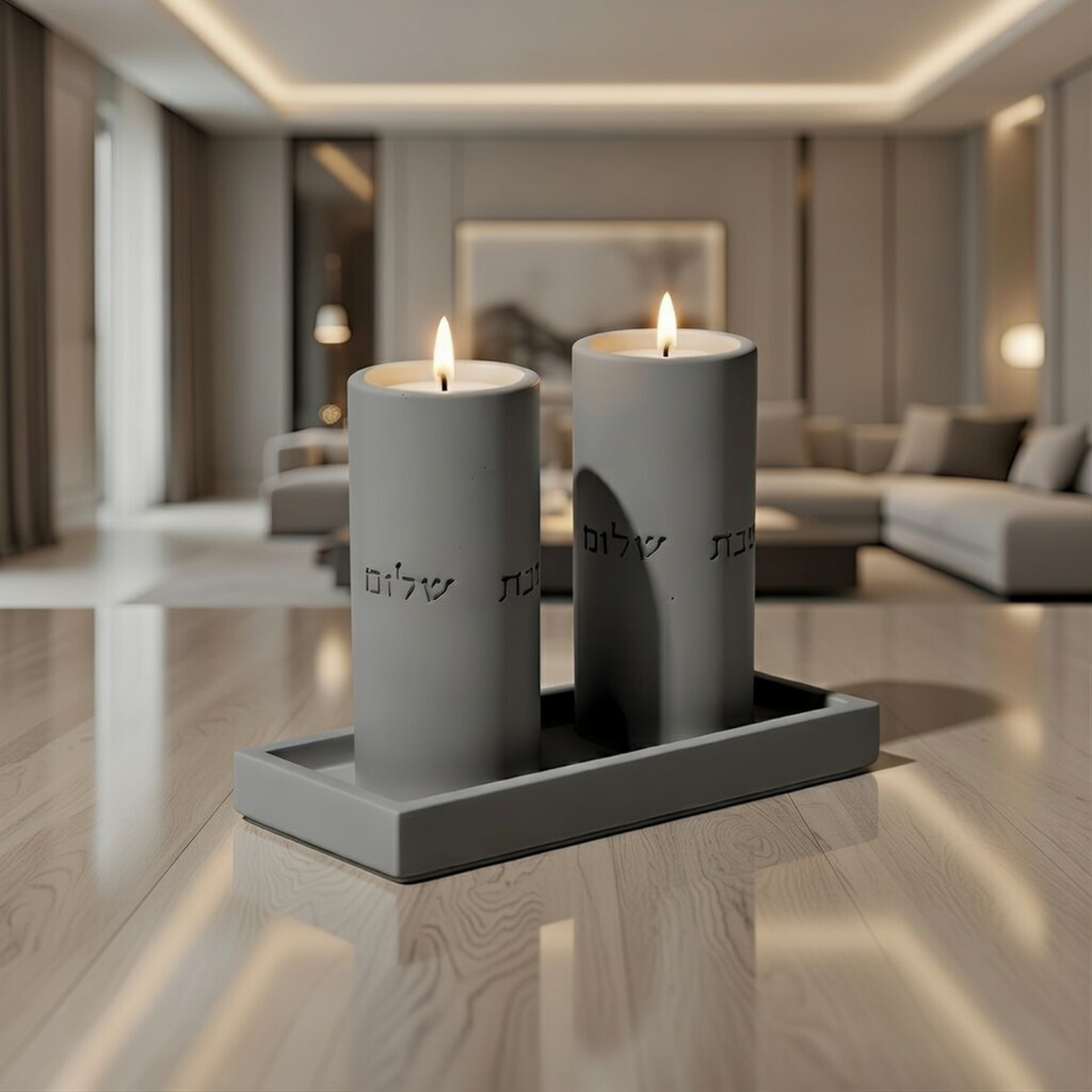 Set of Shabbat Candle Holders with a Designed Concrete Tray - Stone Glow Series