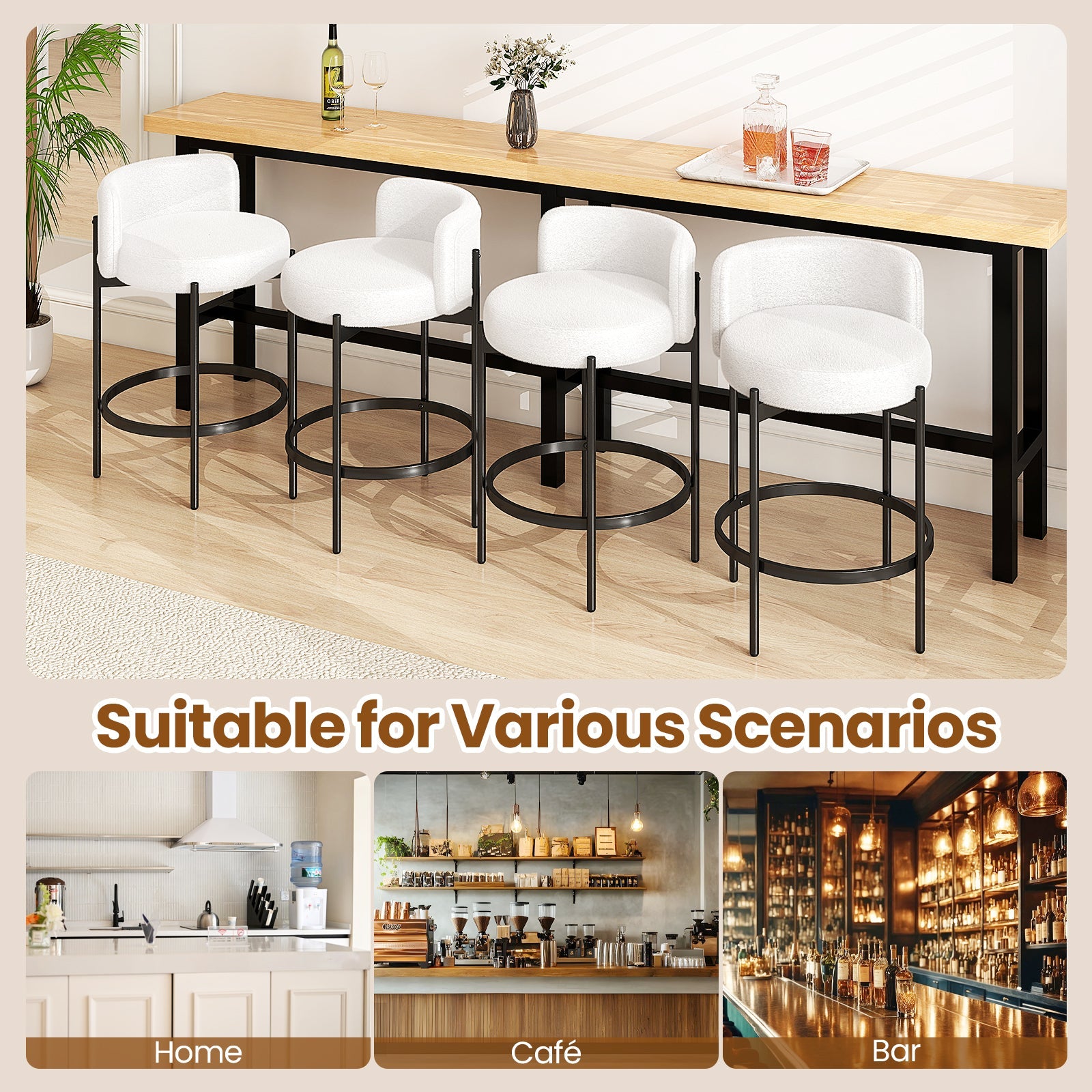 24 Inch Boucle Counter Stools Set of 2 with Curved Backrest