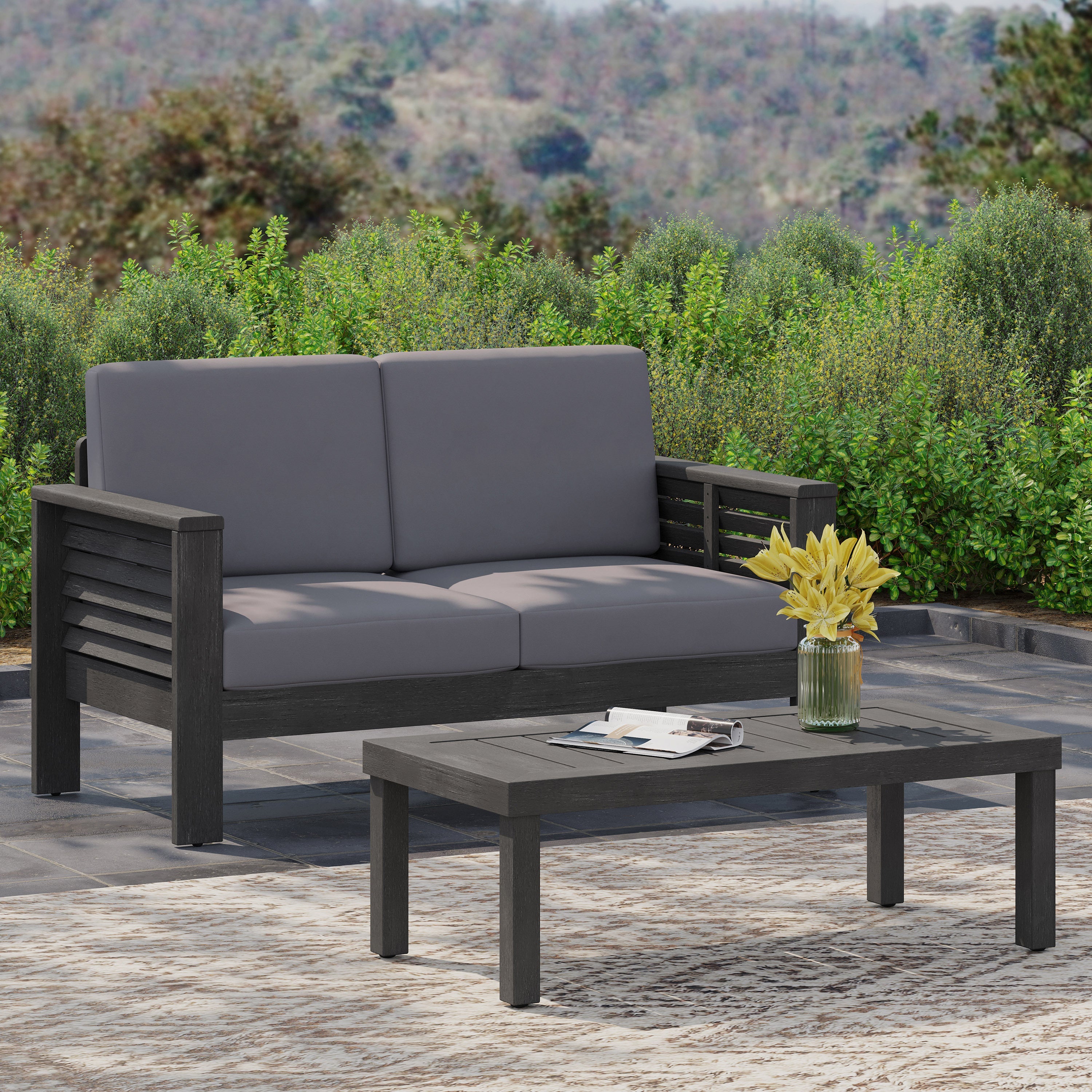 Outdoor Patio Set Acacia Wood Gray 2 Piece Loveseat Coffee Table Cushions