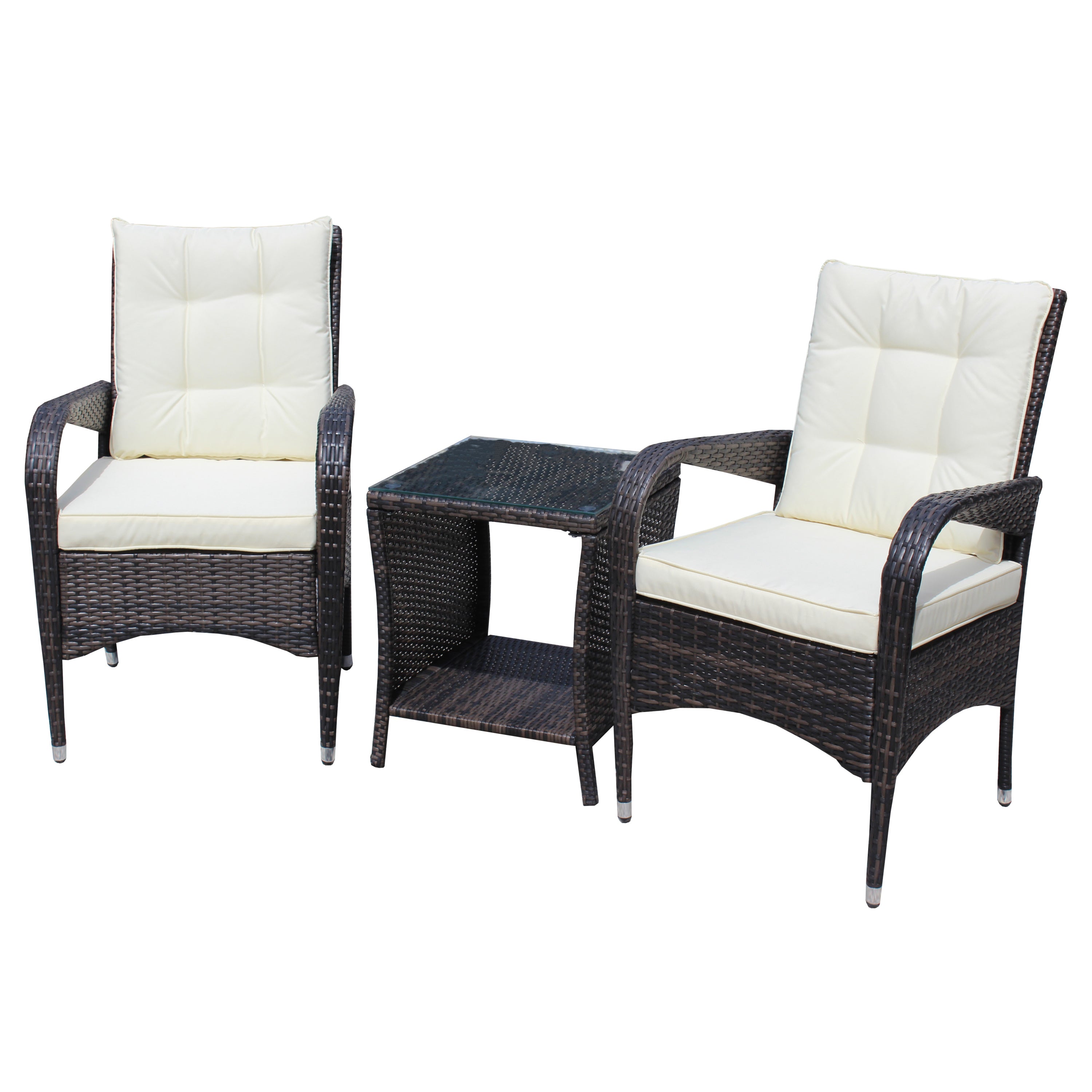 Outdoor Conversation Set PE Rattan Steel Brown Beige Cushion 3 Piece