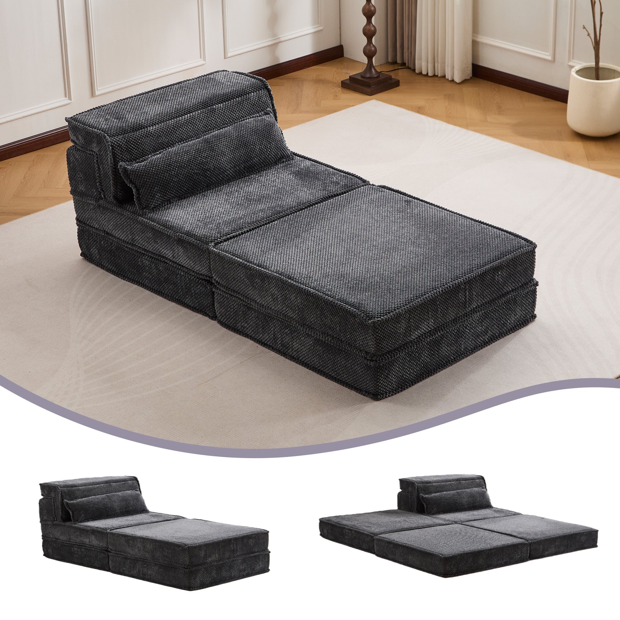 Sofa Convertible Modular Circle Fleece Dark Gray 1 Seat 79 In Ottoman