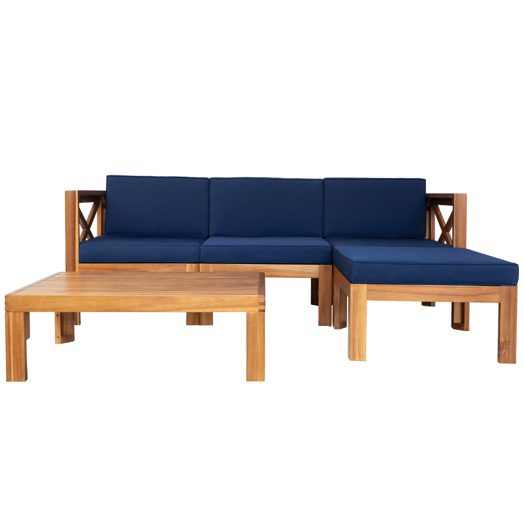 Outdoor Patio Sectional Set Acacia Wood Natural Blue Cushions 5 Piece