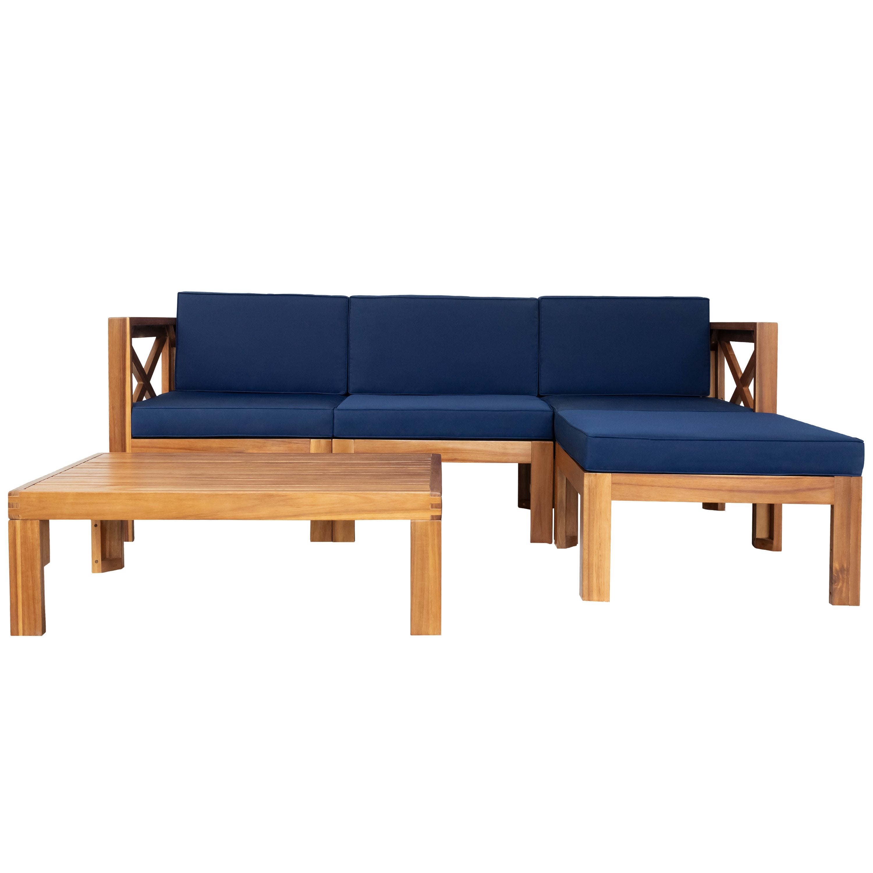 Outdoor Patio Sectional Set Acacia Wood Natural Blue Cushions 5 Piece