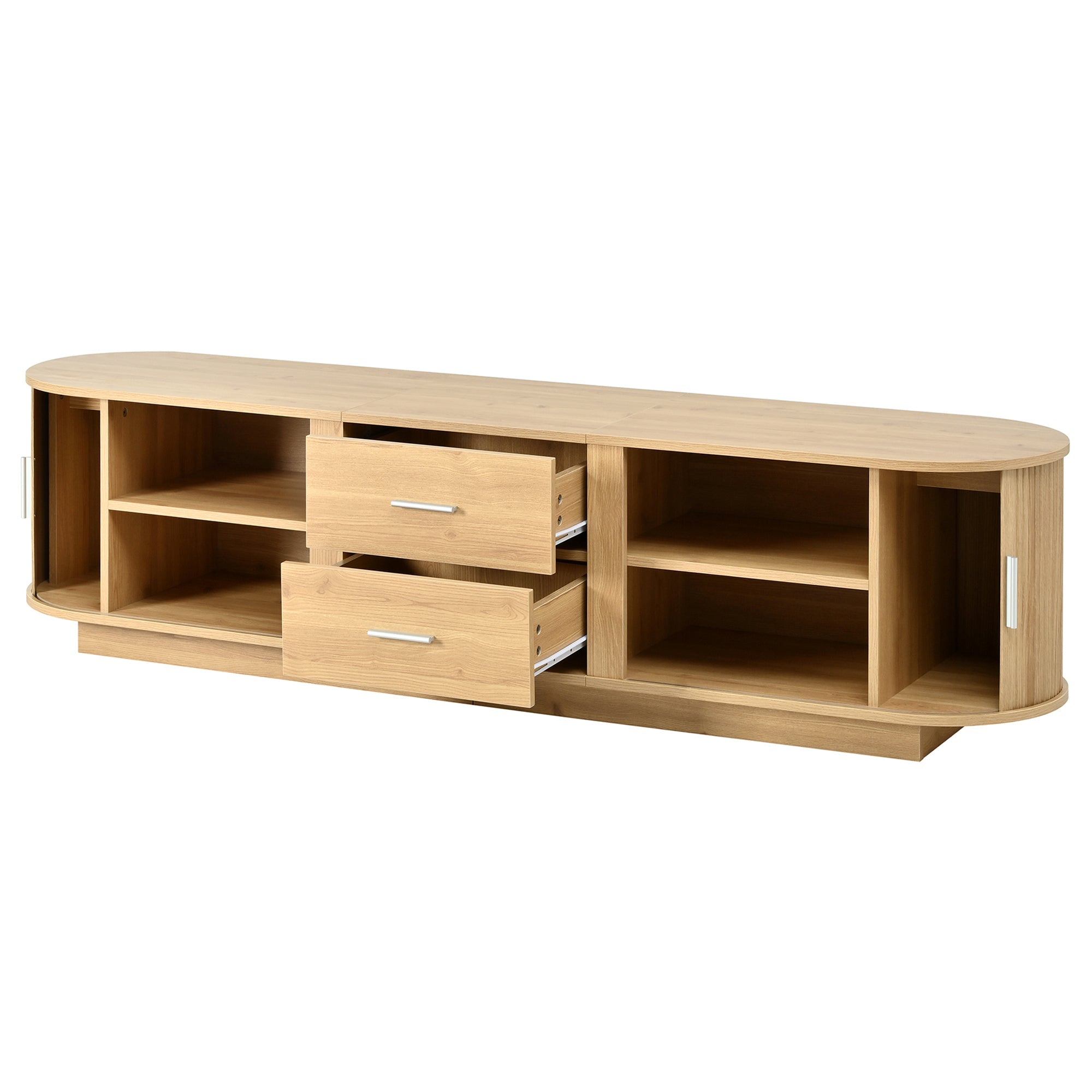 TV Stand American Style Acacia MDF Sliding Door Rounded Corners Fits 75 In TV