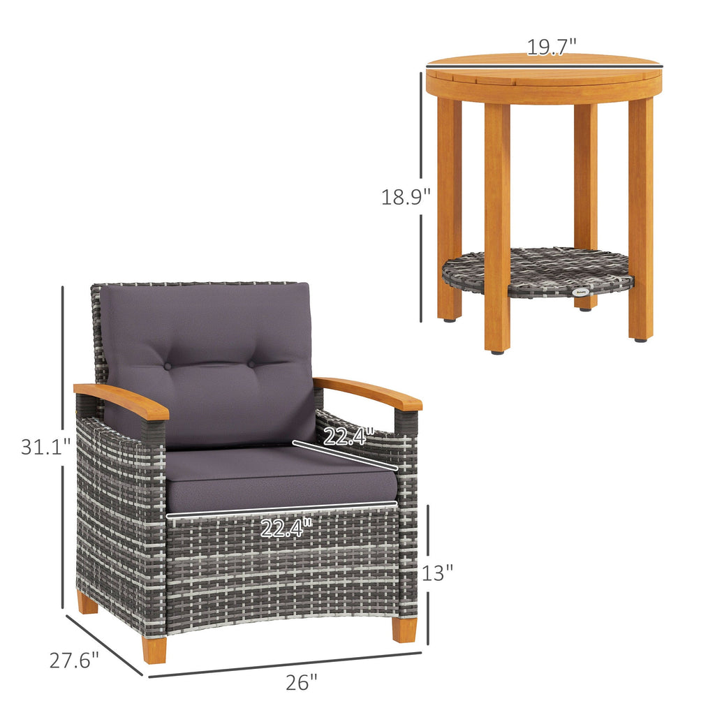 Outdoor Bistro Set PE Rattan Wood Frame Gray 3 Piece
