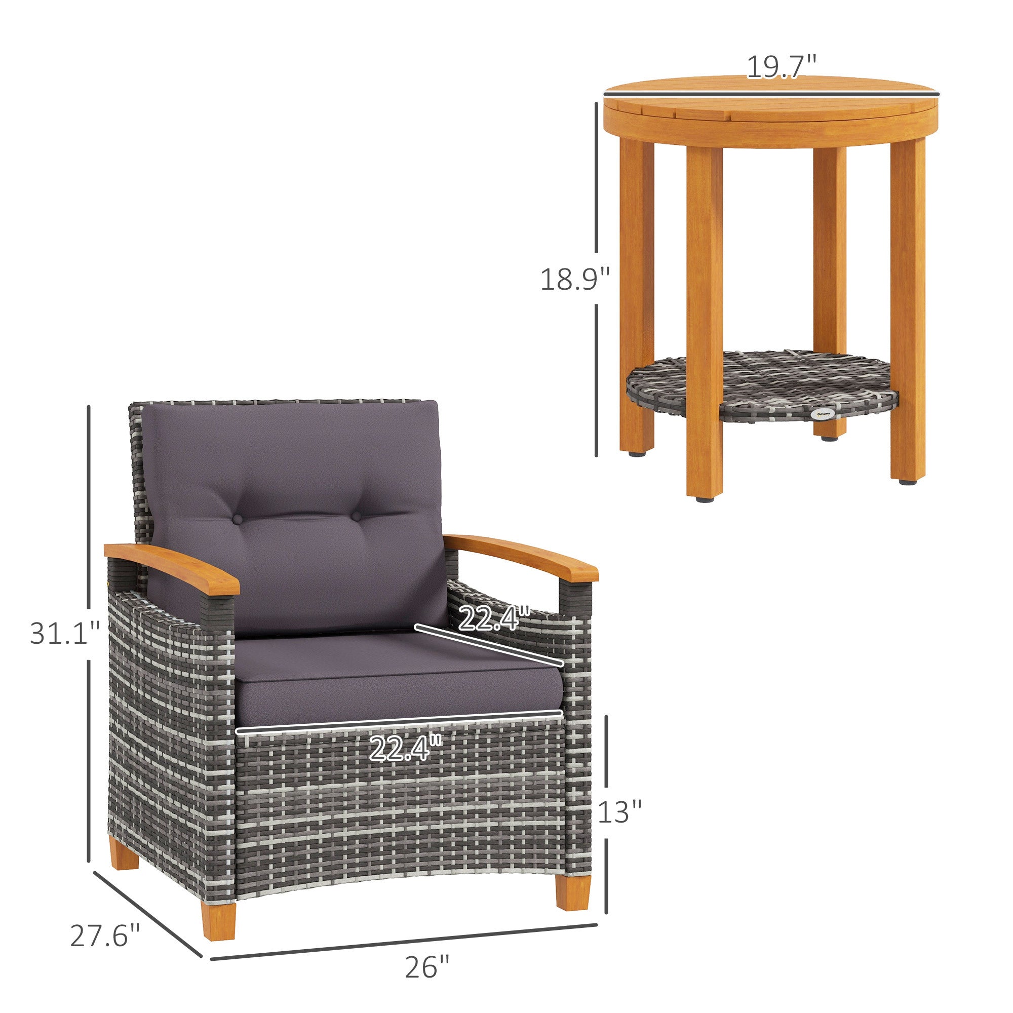 Outdoor Bistro Set PE Rattan Wood Frame Gray 3 Piece