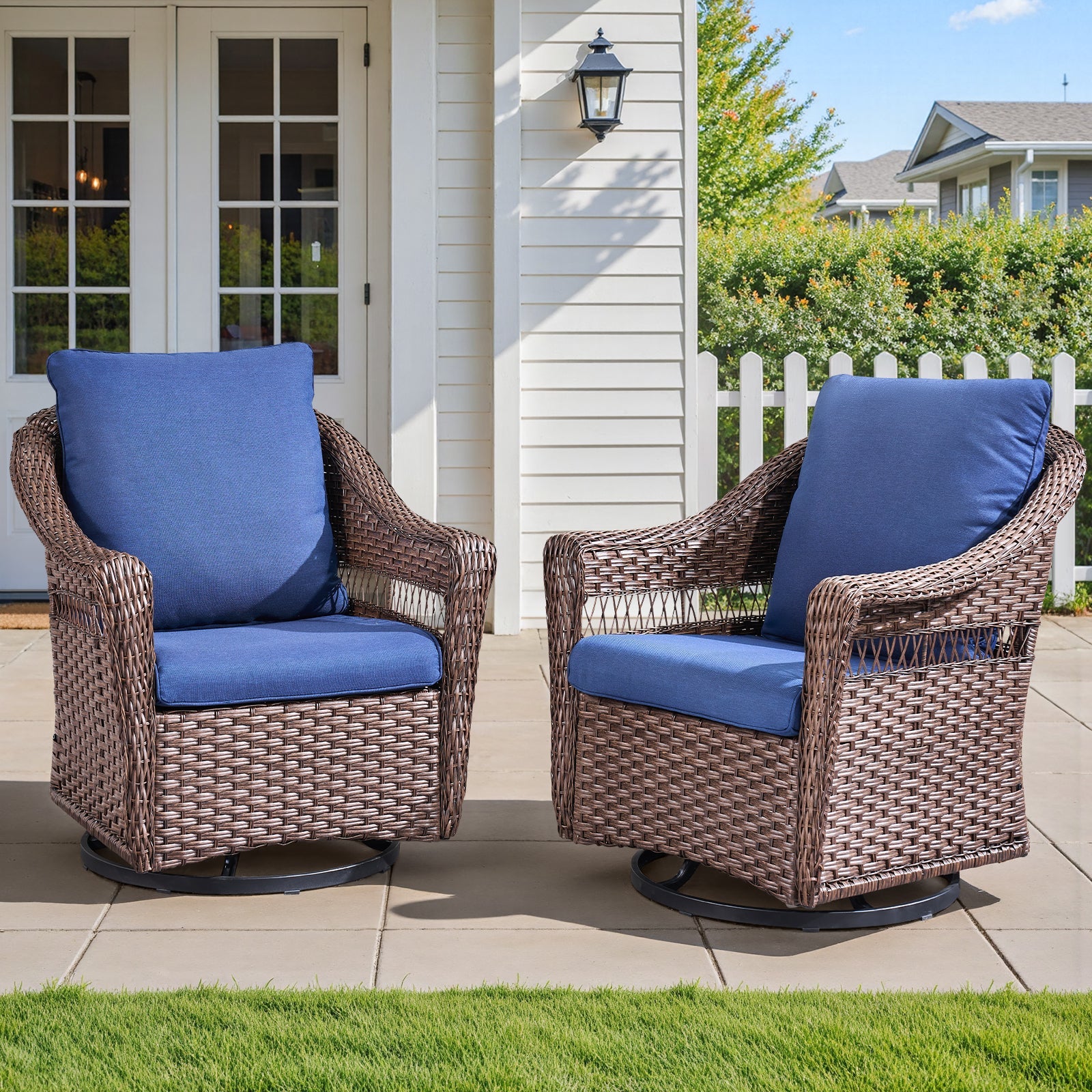 Outdoor Swivel Rocking Chair PE Rattan Brown Set of 2 with Cushions