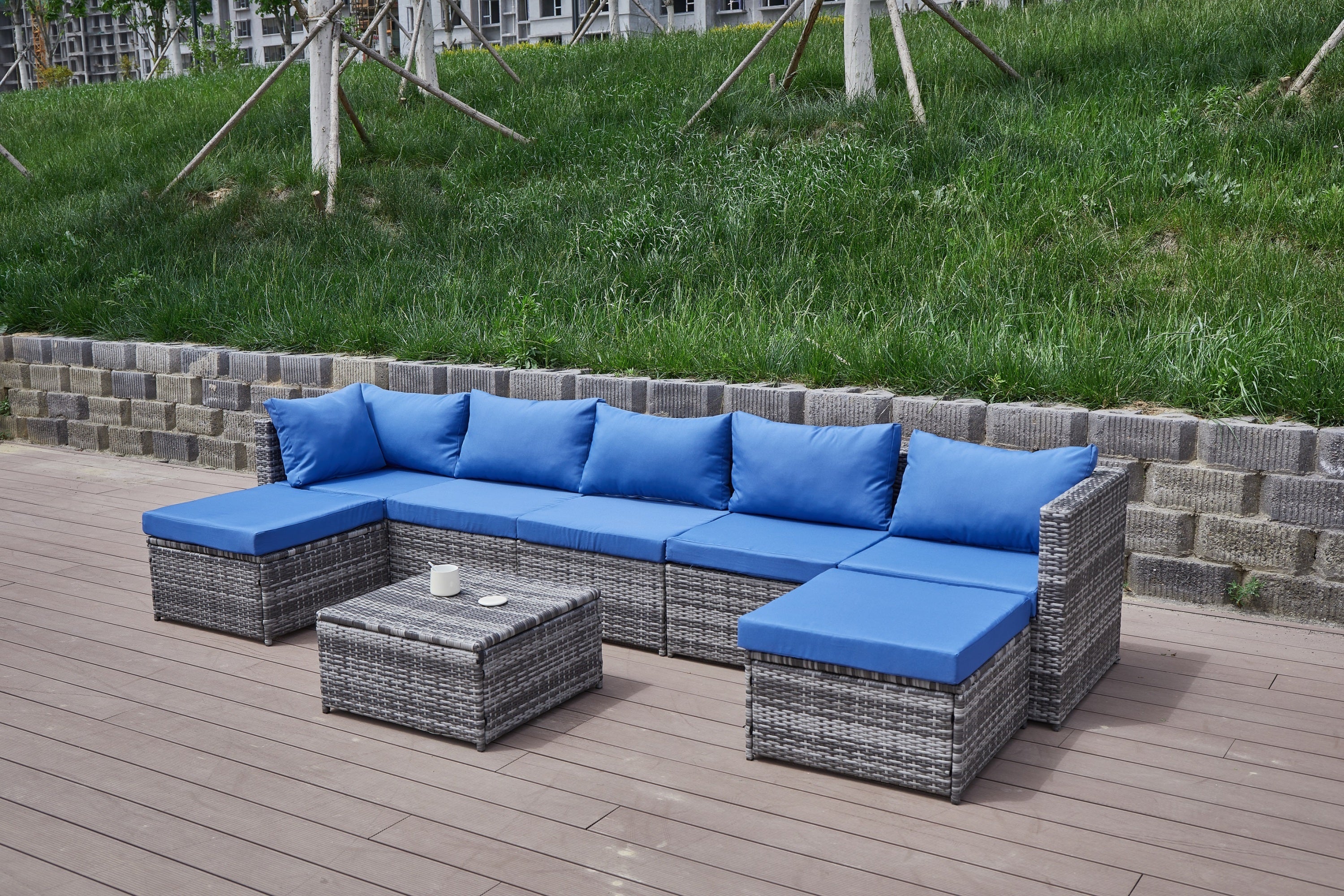 Outdoor Patio Sofa Set PE Rattan Blue Gray All Weather Steel Frame