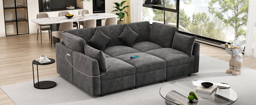Sectional Sofa U-Shape Modular Chenille Black 5-Seat USB Ports 86.6x61.4 In