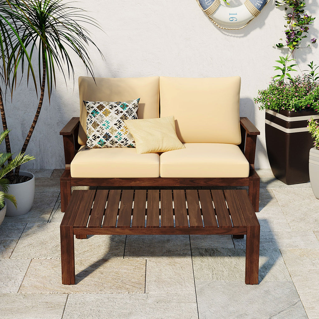 Outdoor Sofa Set Acacia Wood Dark Brown Beige Cushion 2 Piece Table