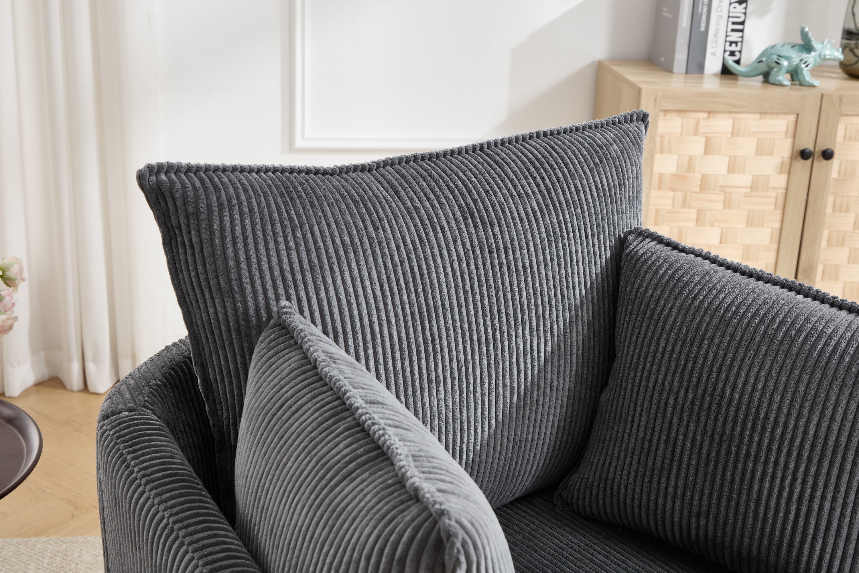 Accent Chair Swivel Round Barrel Corduroy Gray 350 LB 34x32x35 In