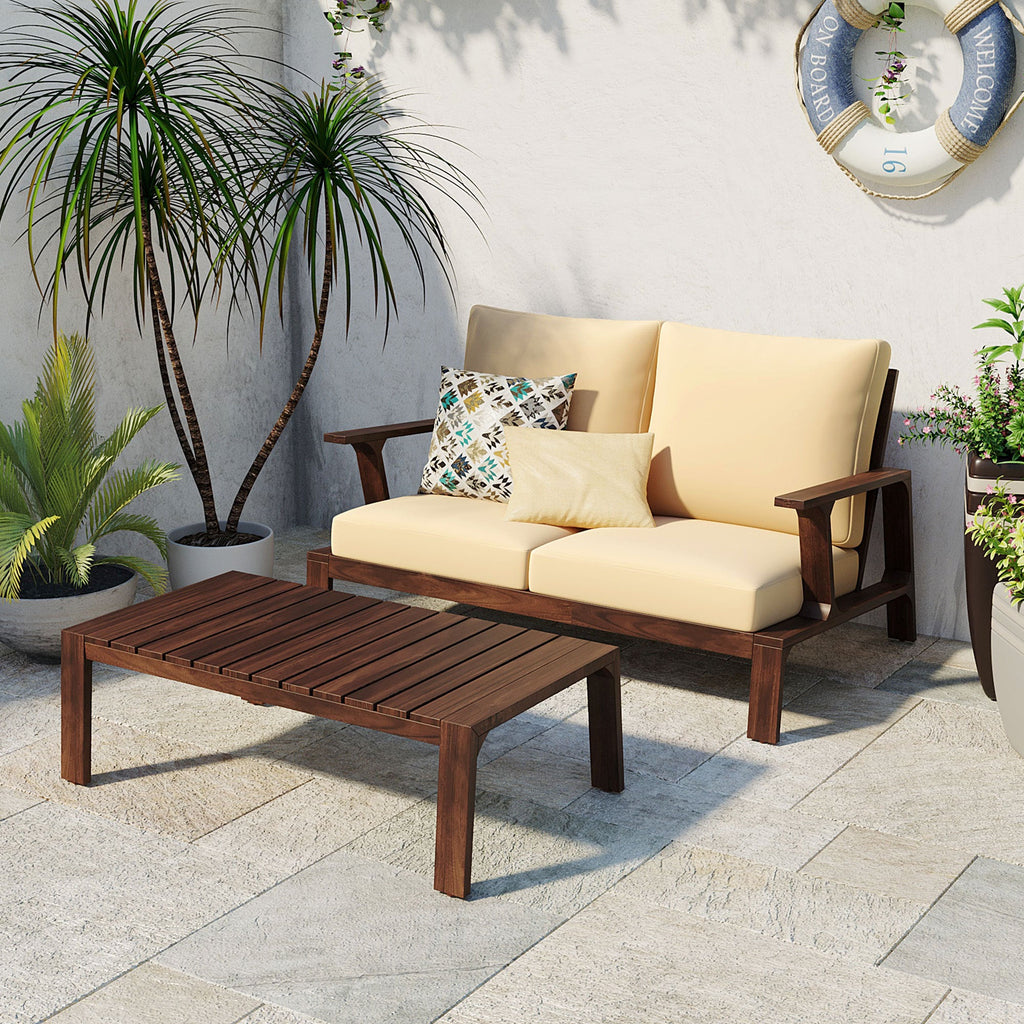 Outdoor Sofa Set Acacia Wood Dark Brown Beige Cushion 2 Piece Table