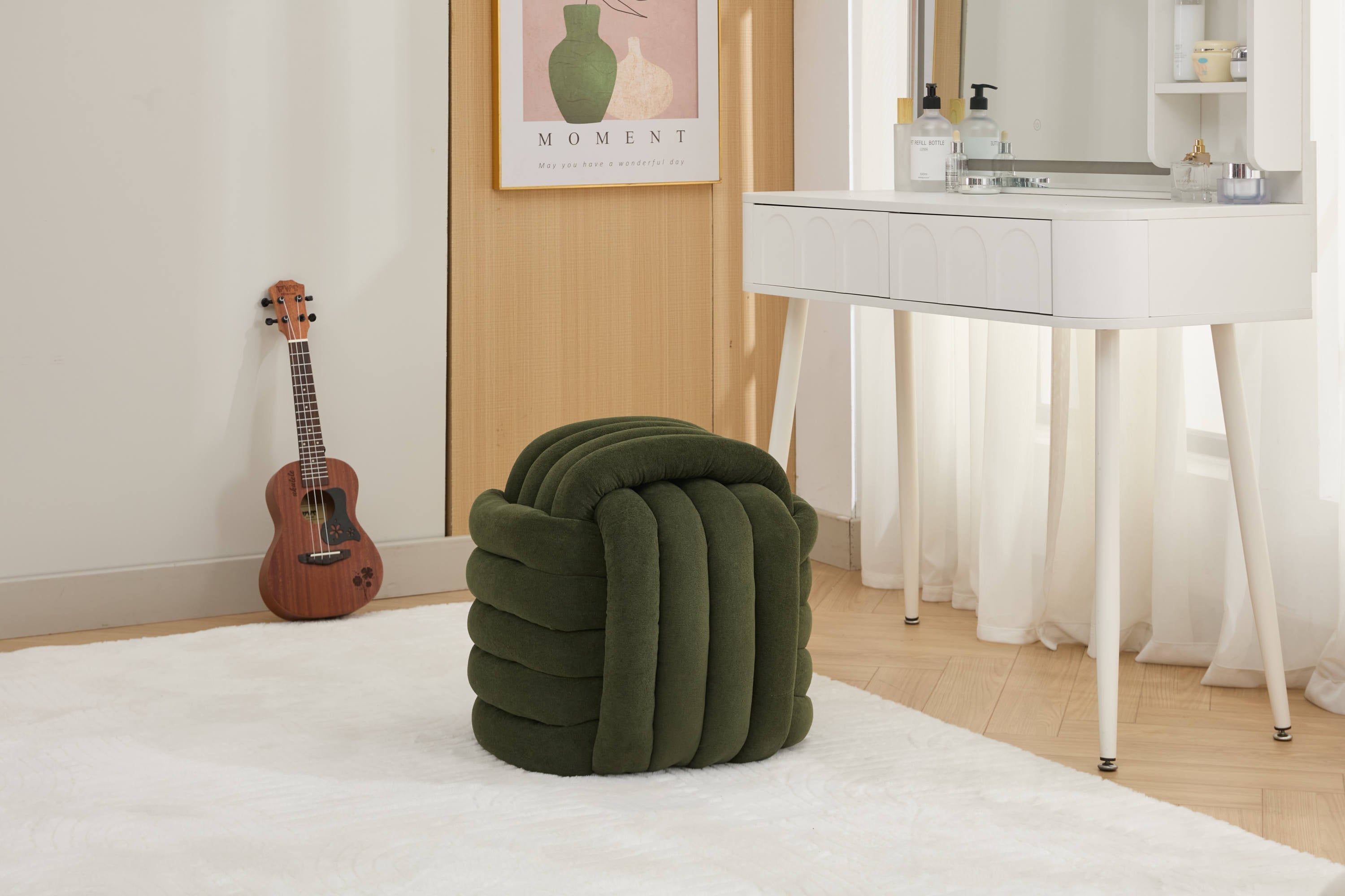 Chenille Knot Design Ottoman Makeup Stool Footstool, Green