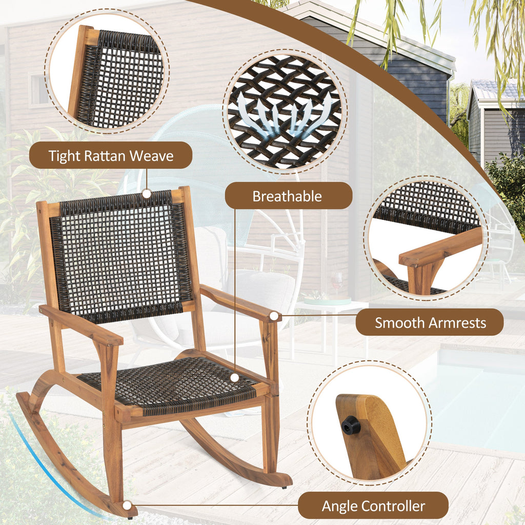 Outdoor Rocking Chair Acacia Wood Wicker Dark Brown Set 2