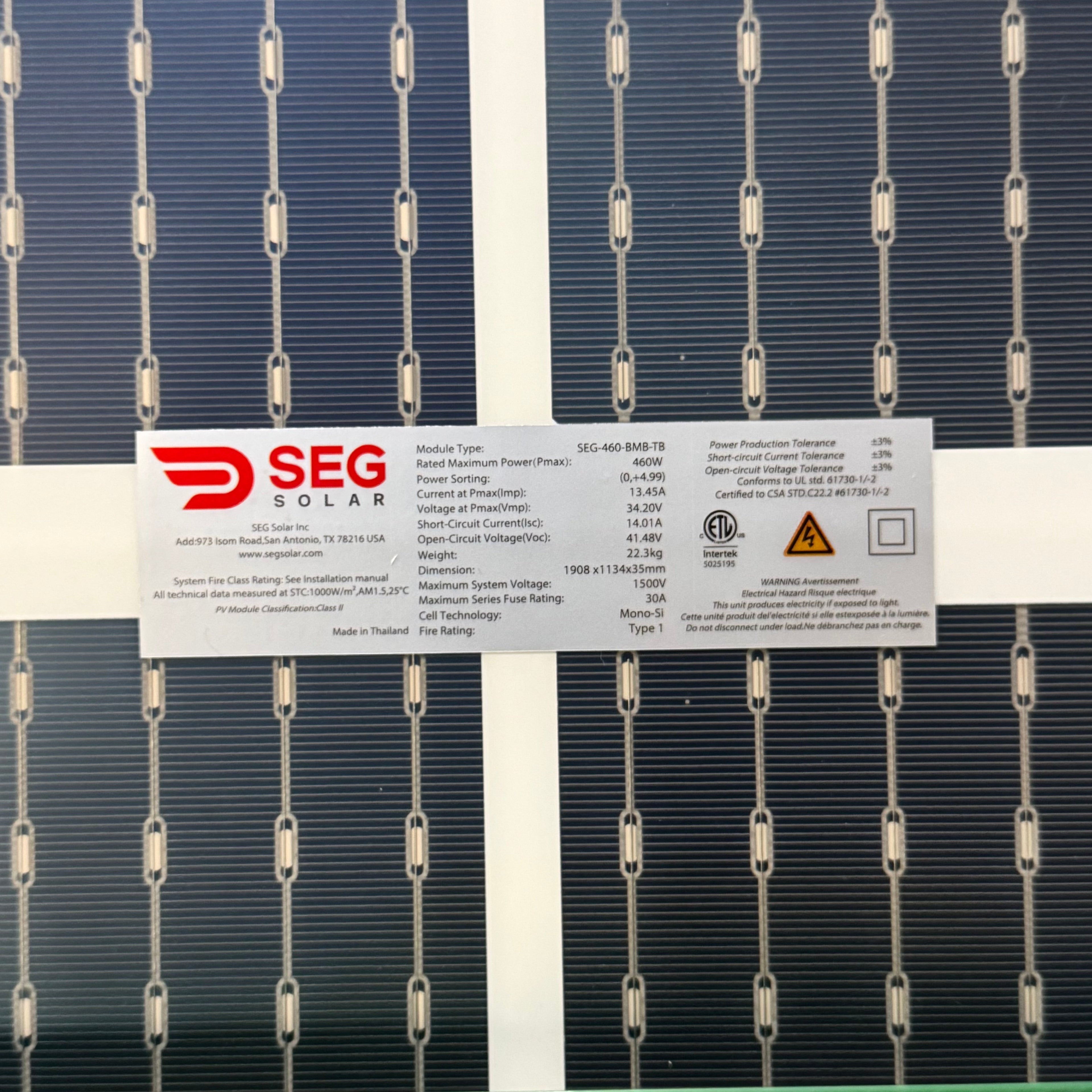 SEG SOLAR Photovoltaic Solar Panel Module Black 460W 75" L x 45" H x 1.5" W SEG-460-BMB-TB