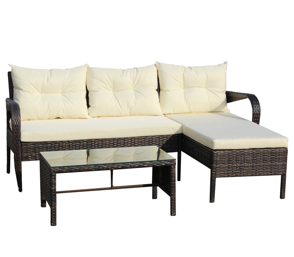 Outdoor Sectional Set PE Rattan Steel Brown Beige Cushion 3 Piece 560 LB