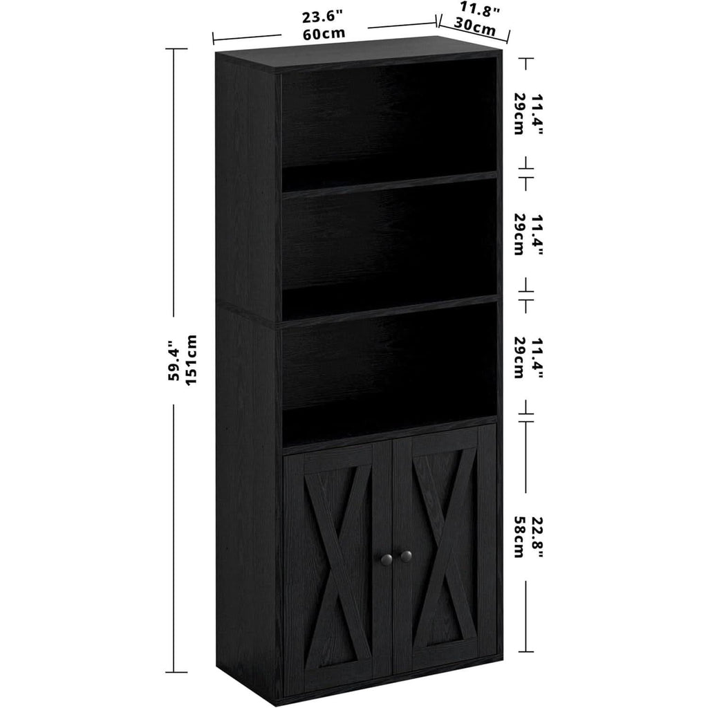 Industrial Bookshelf With Doors 11.8 Inch Depth 5 Shelves
