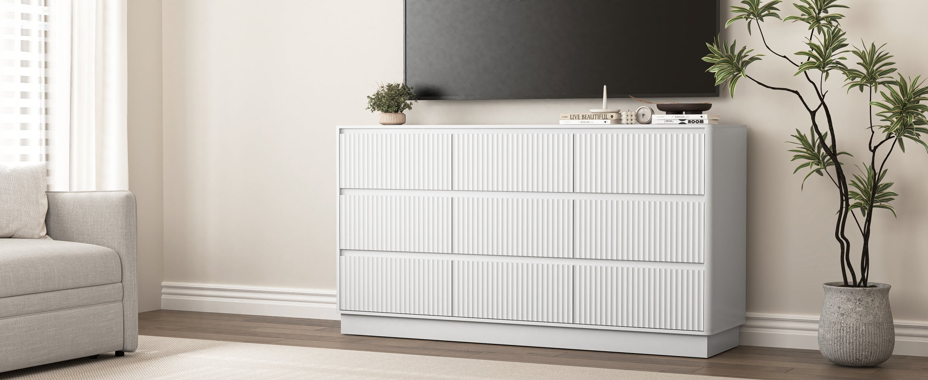 Dresser Mid-Century 9-Drawer White Wave No-Handle 59.1x15.7x31.6 In