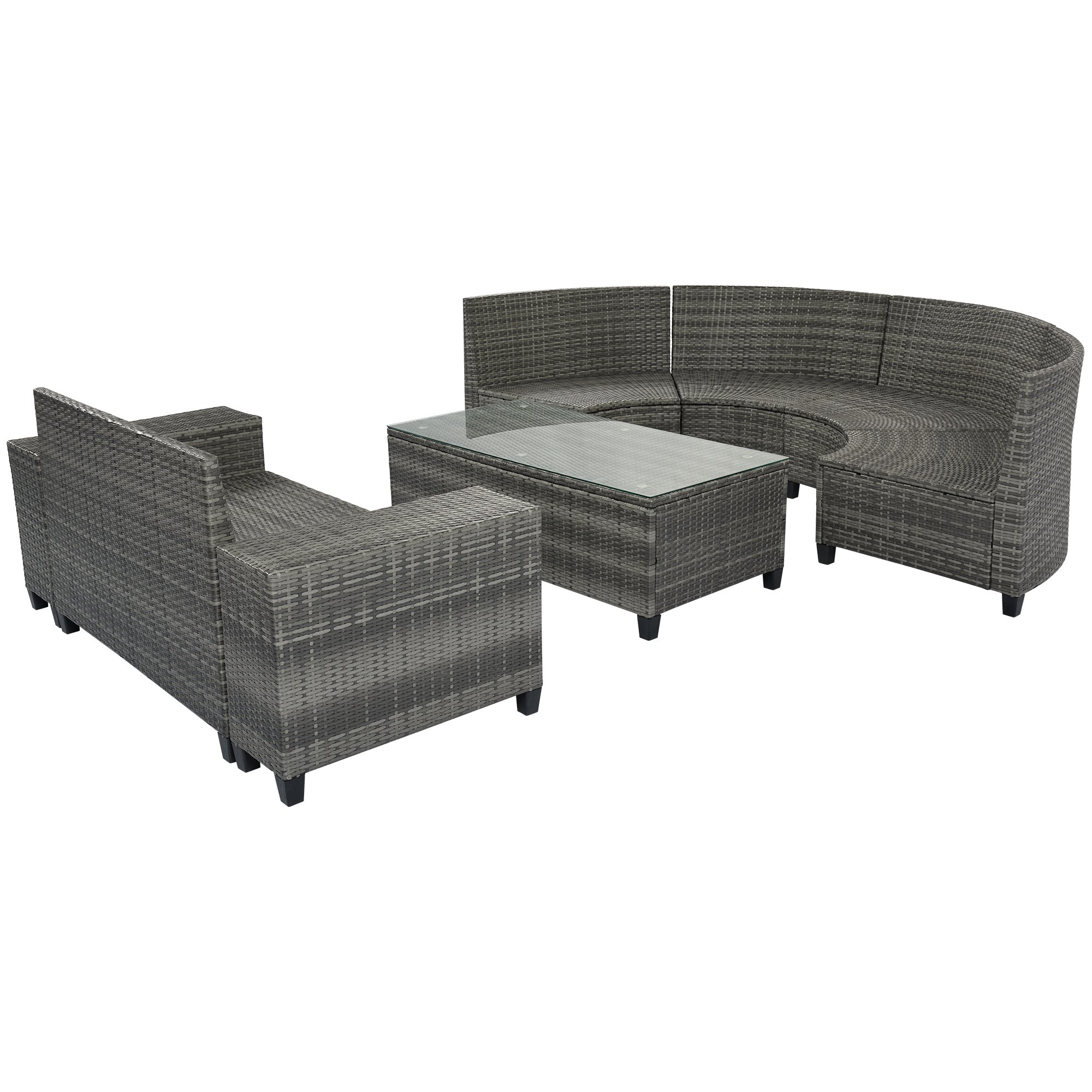 Outdoor Sectional Set PE Wicker Steel Gray Half Moon 8 Piece 250 LB