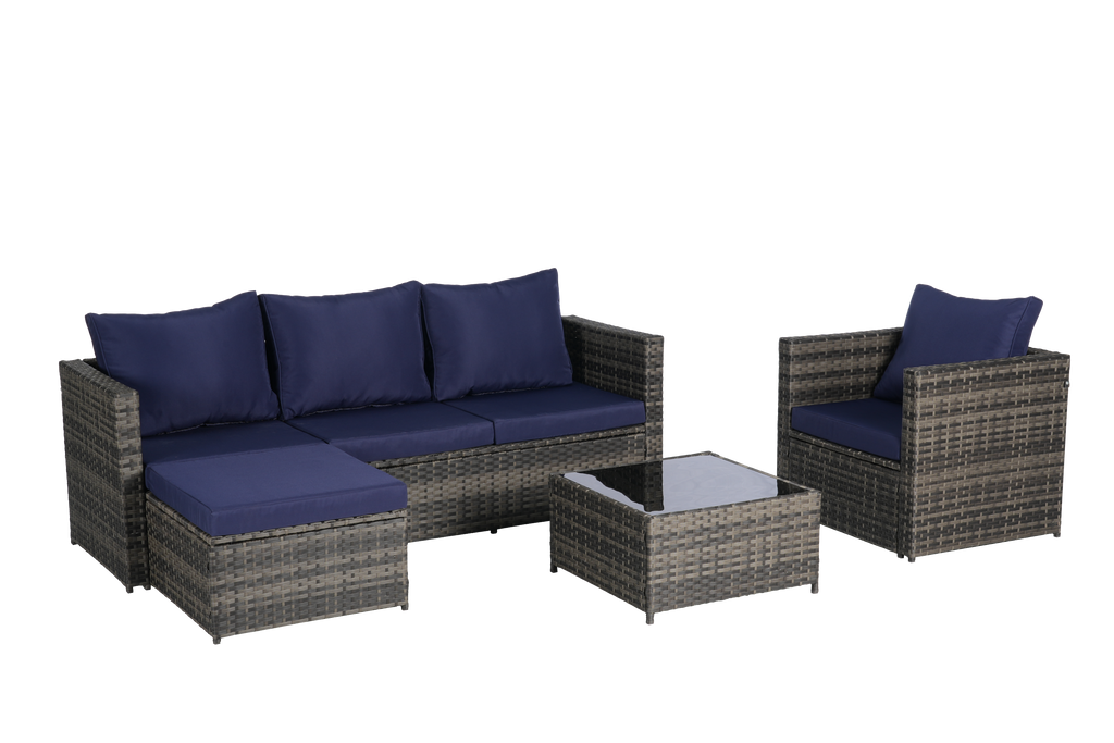 Outdoor Sectional Set PE Rattan Steel Dark Blue 4 Piece Seats 6 380 LB