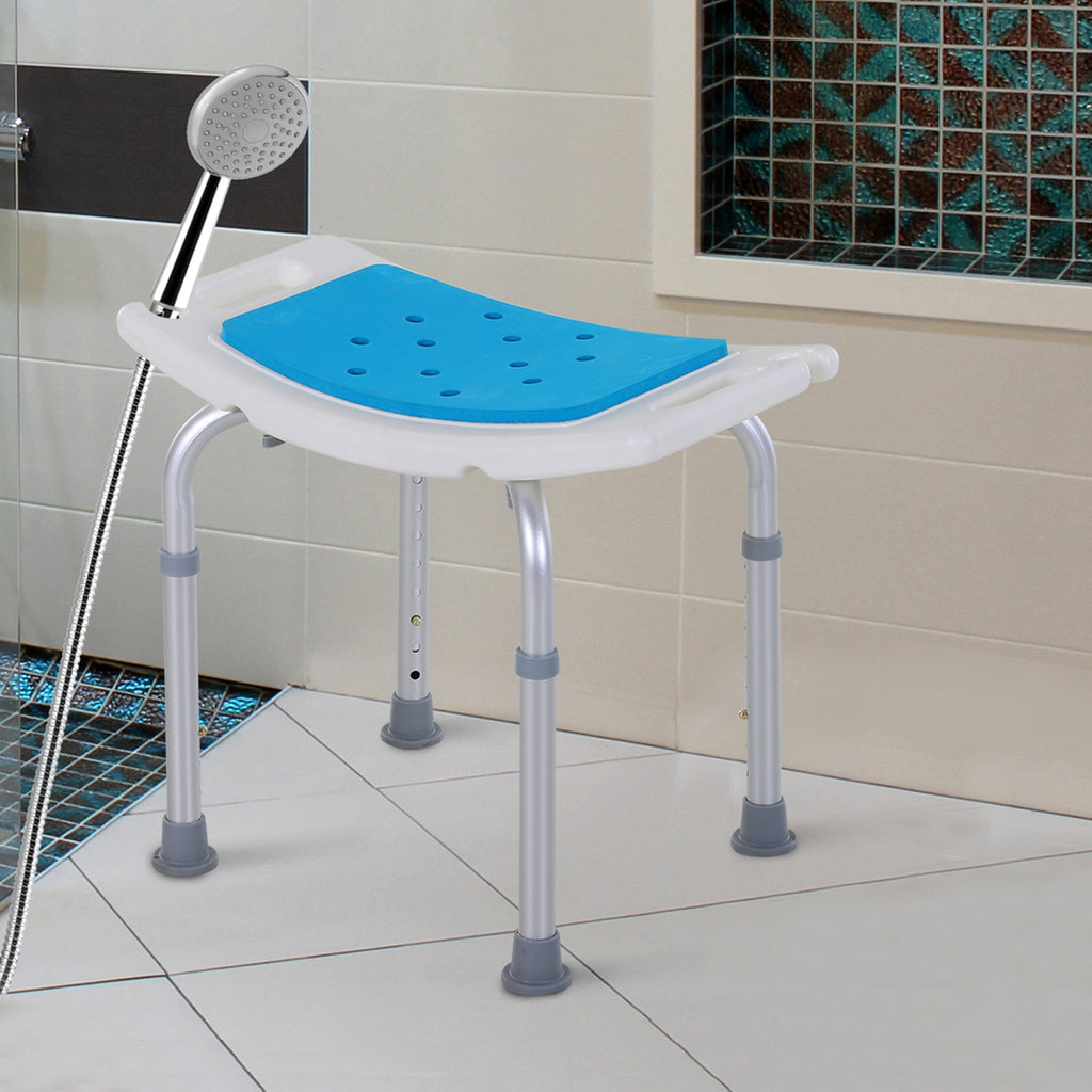 Shower Stool Curved Seat Aluminum Blue 6-Level Adjustable Non-Slip 300 LB