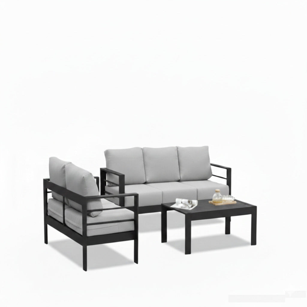 3 Piece Outdoor Patio Set Aluminum Black Gray Cushions