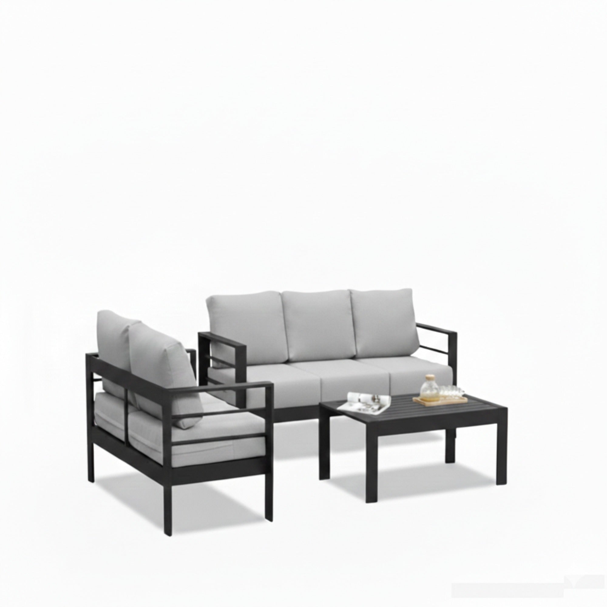 3 Piece Outdoor Patio Set Aluminum Black Gray Cushions