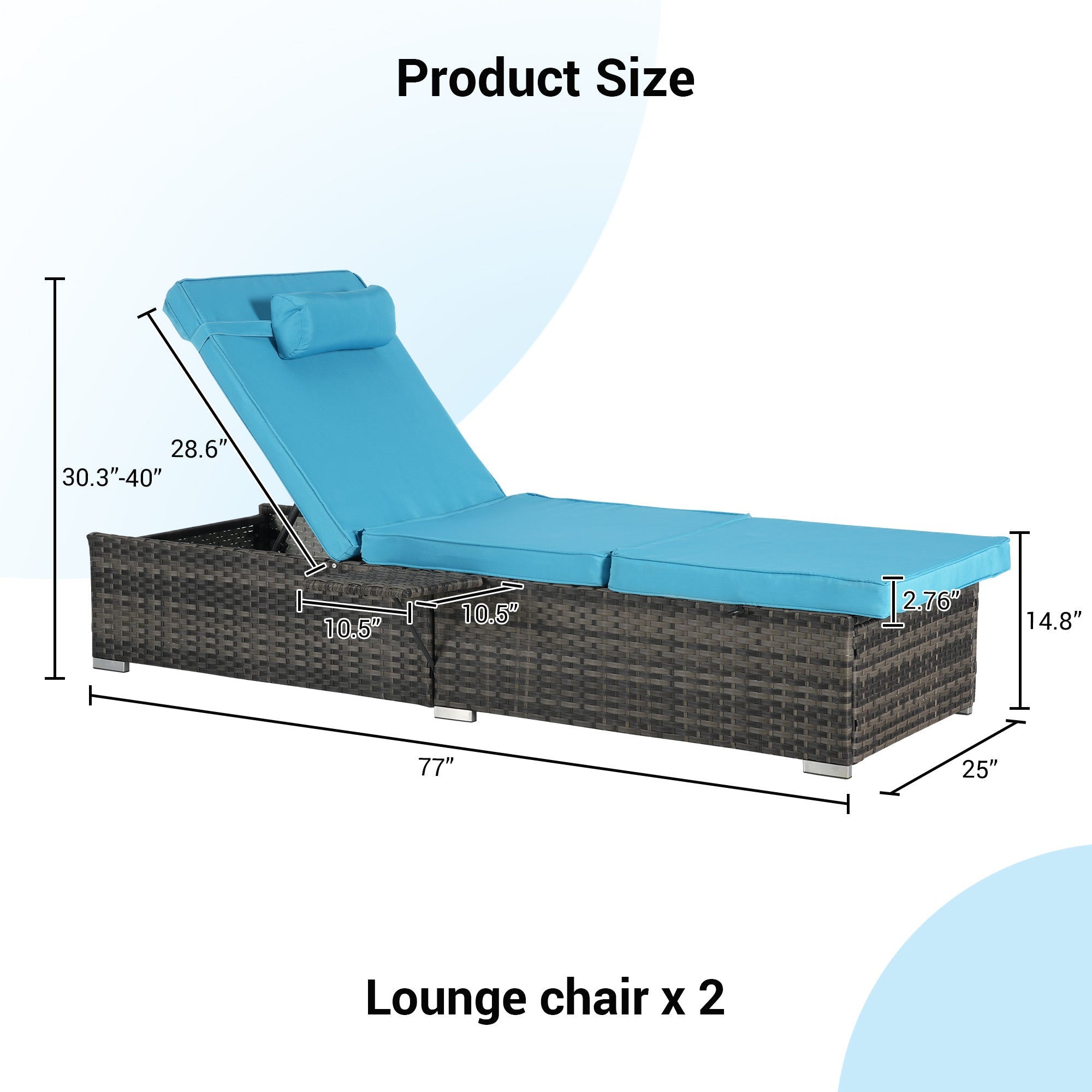 Chaise Lounge PE Rattan Steel Light Blue 5 Position Set of 2 600 LB