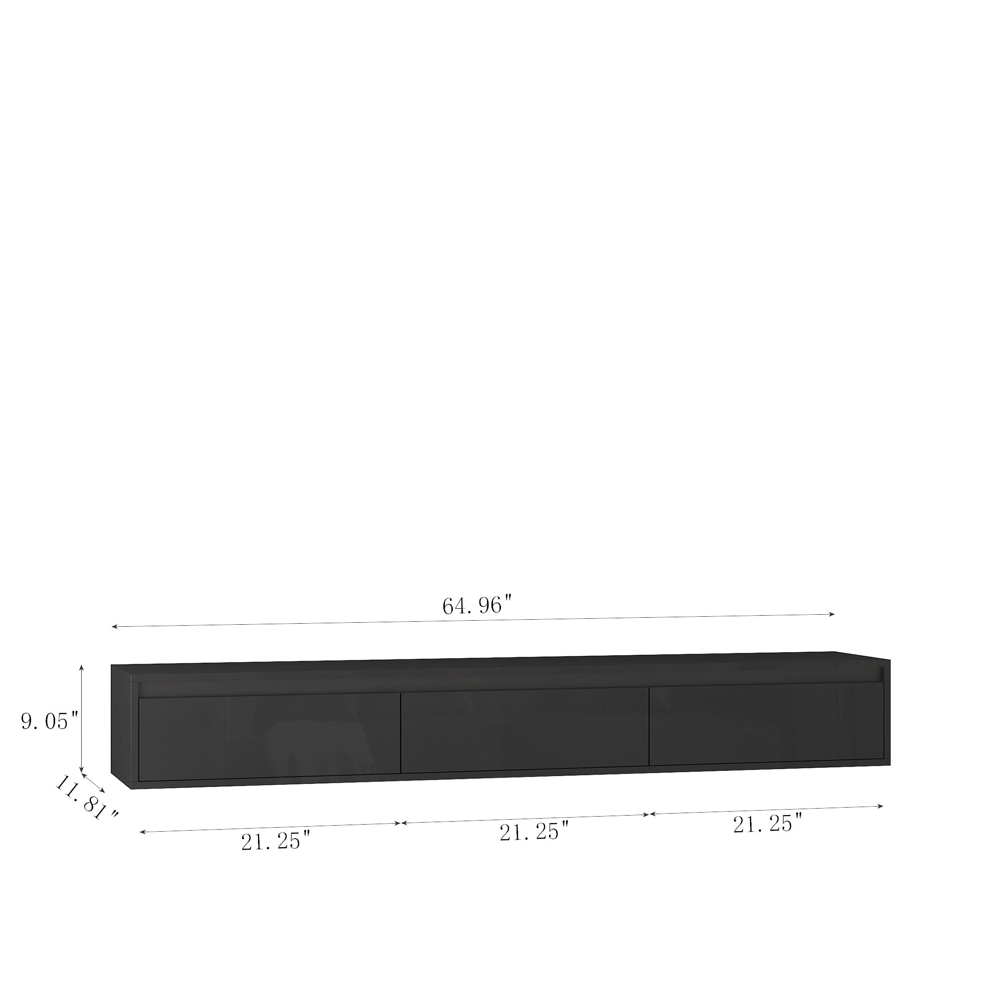 TV Stand Wall-Mounted Floating LED Black MDF 3 AC 2 USB Fits 65 In TV