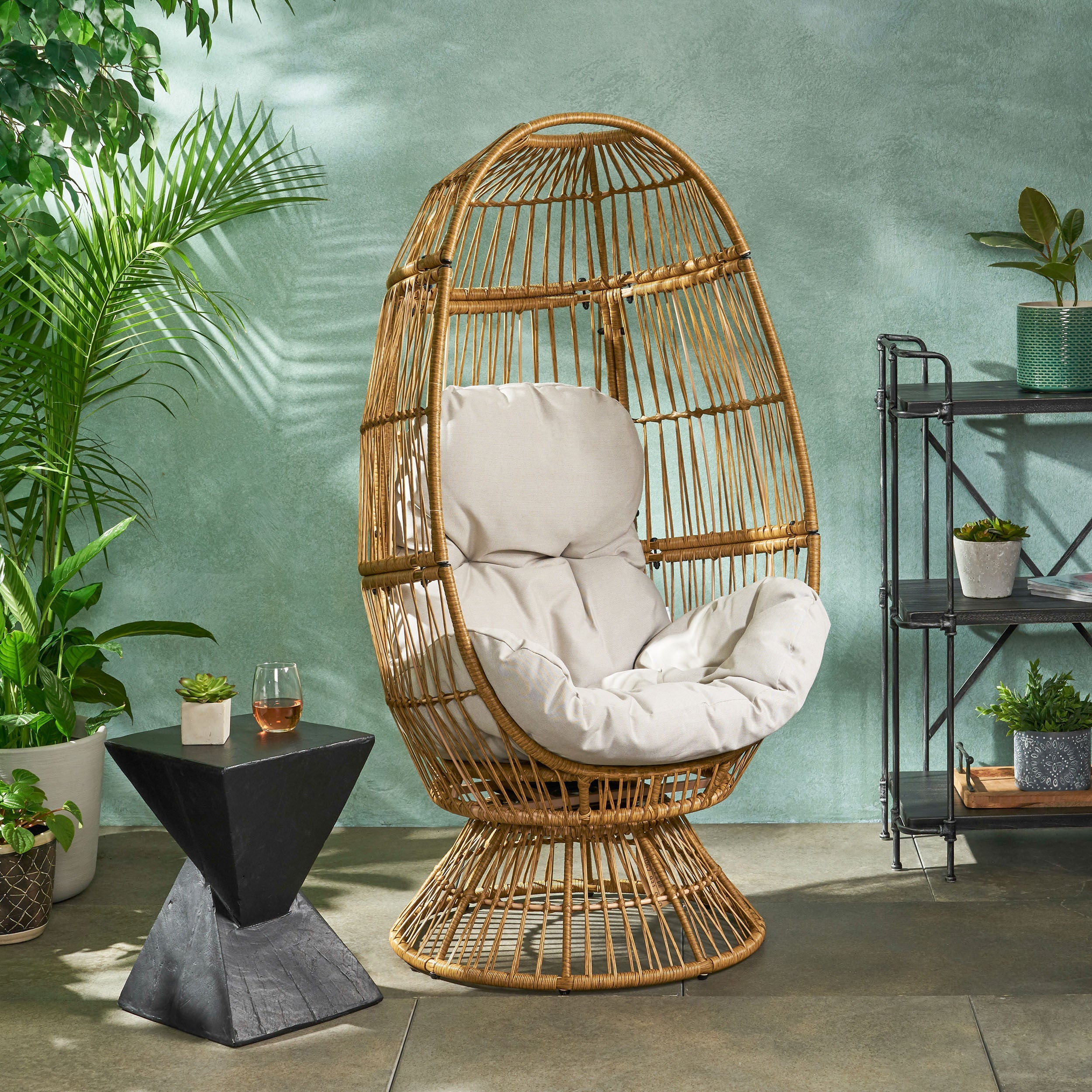 Outdoor Egg Chair PE Rattan Swivel Basket Natural Cushion 30.5in