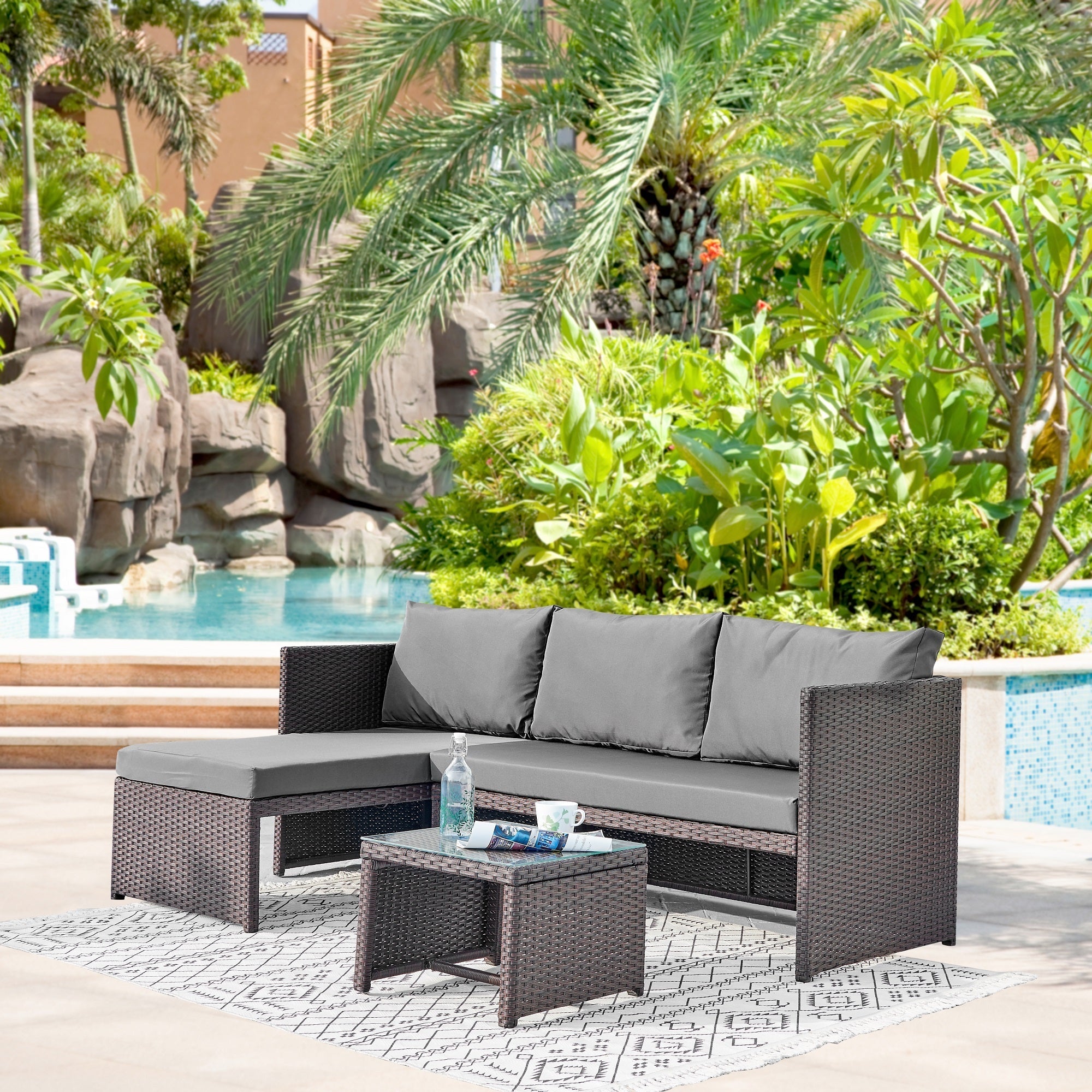 Outdoor Patio Set PVC Rattan Steel Brown Gray 3 Piece with Chaise