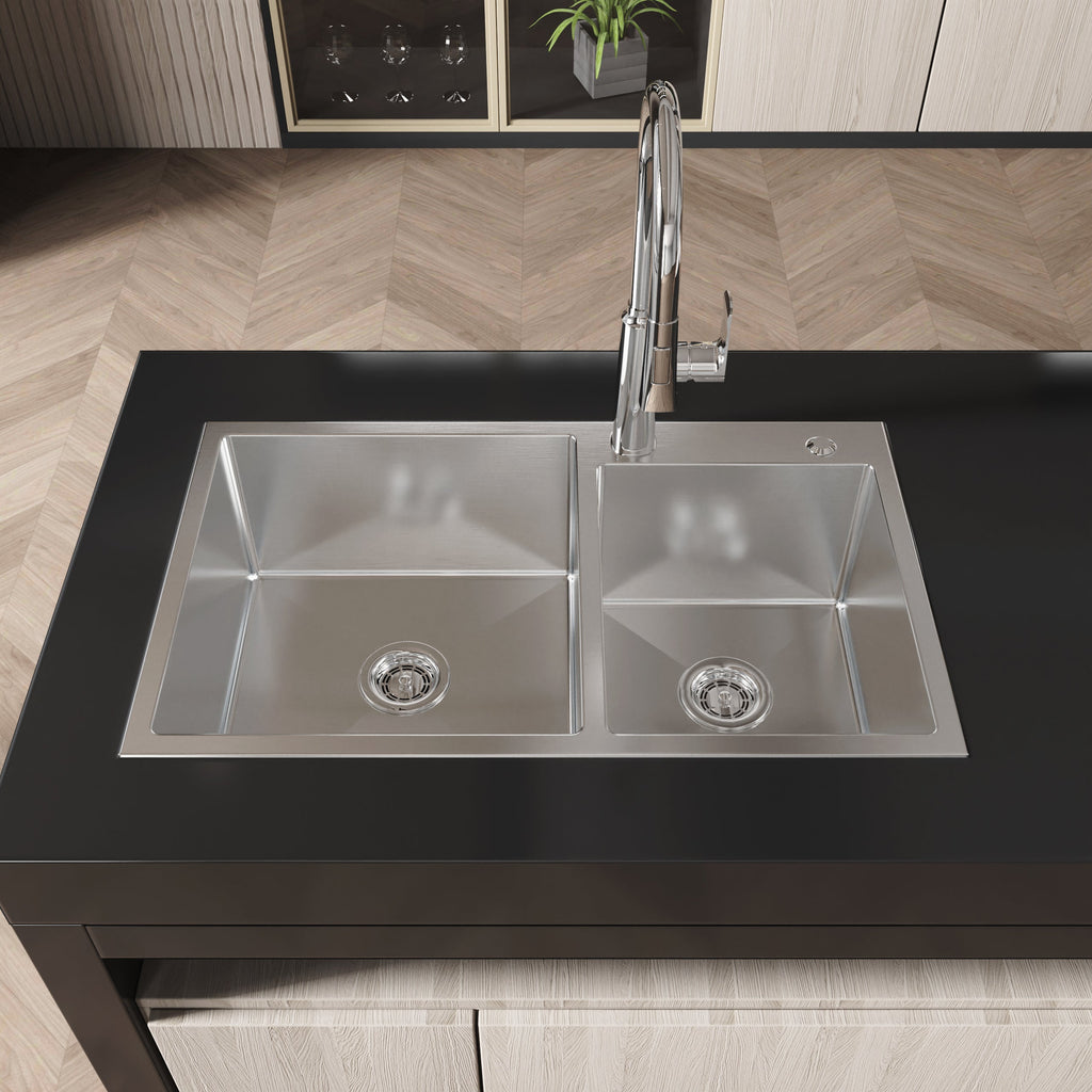 Stainless Steel Kitchen Sink, 32″x19″ Double Bowl in Brushed Nickel, Overmount Handmade Sink, with US Standard Drain and Hook, LS-SSBR03