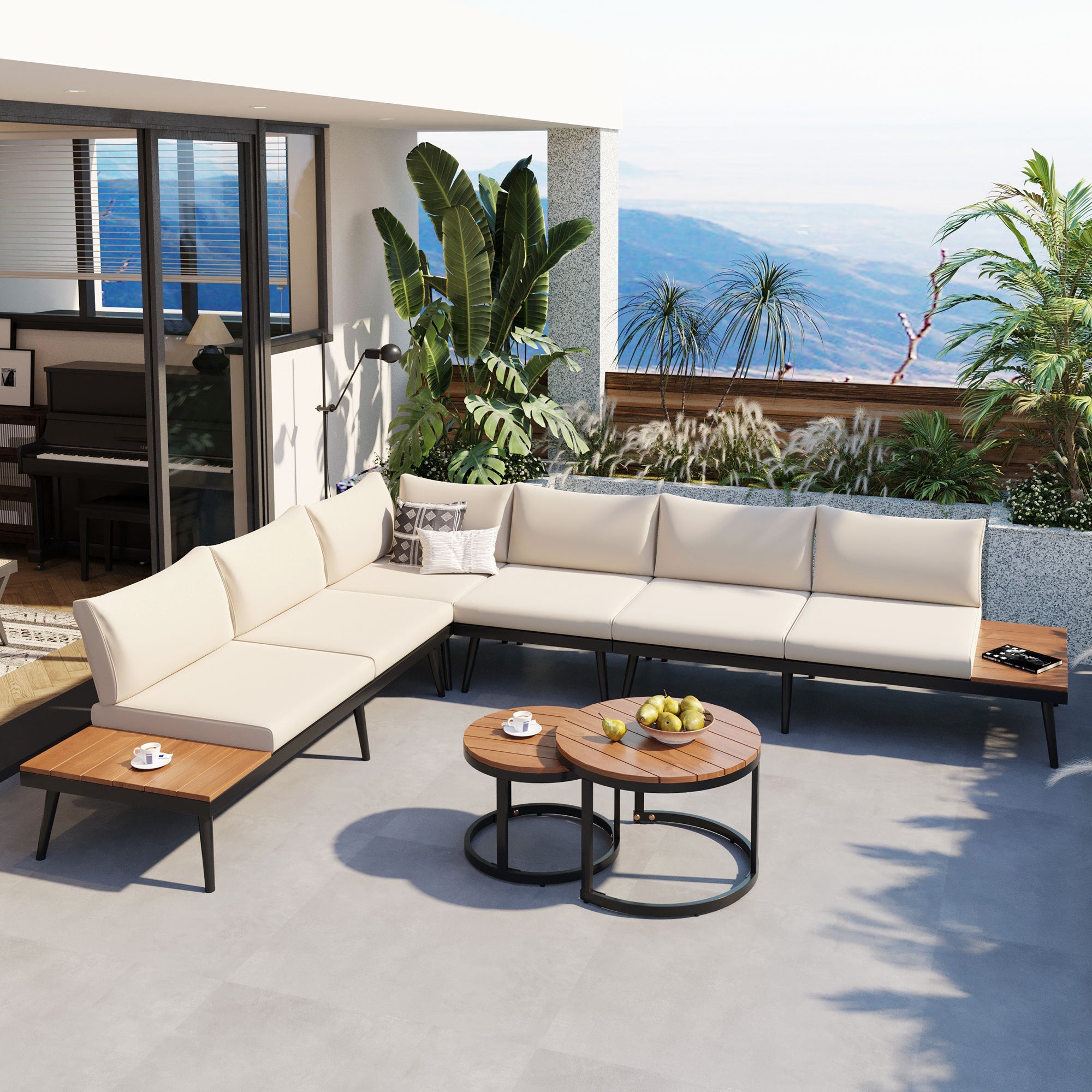 Outdoor Sectional Set Acacia Wood Steel Beige Cushion 6 Piece Seats 5