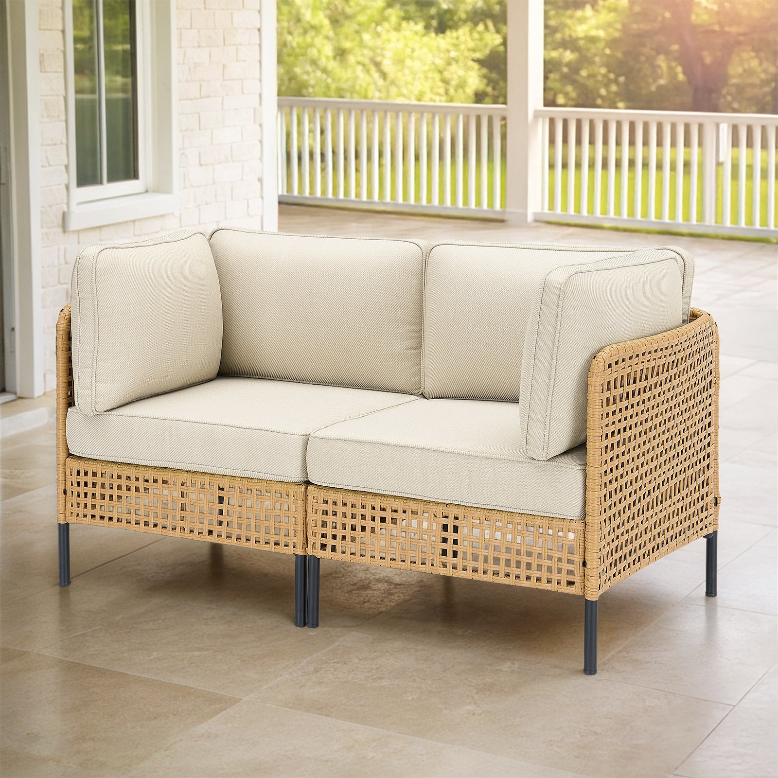 Outdoor Sectional Set Wicker Boho Beige Cushion Modular
