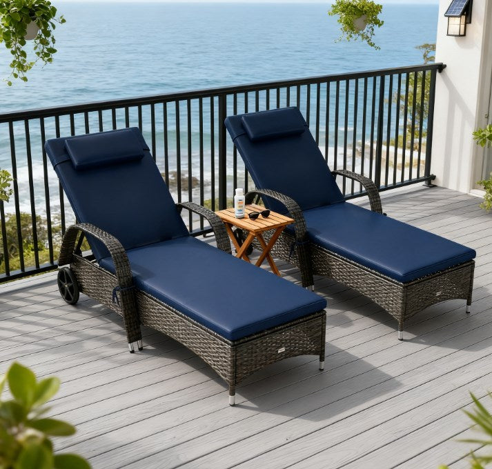 Chaise Lounge PE Rattan Dark Blue 5-Position Wheels Set of 2 76in