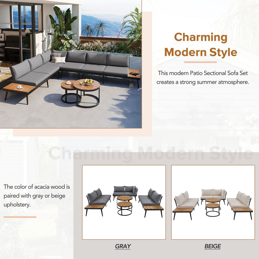 Outdoor Sectional Set Acacia Wood Steel Gray with Nesting Tables
